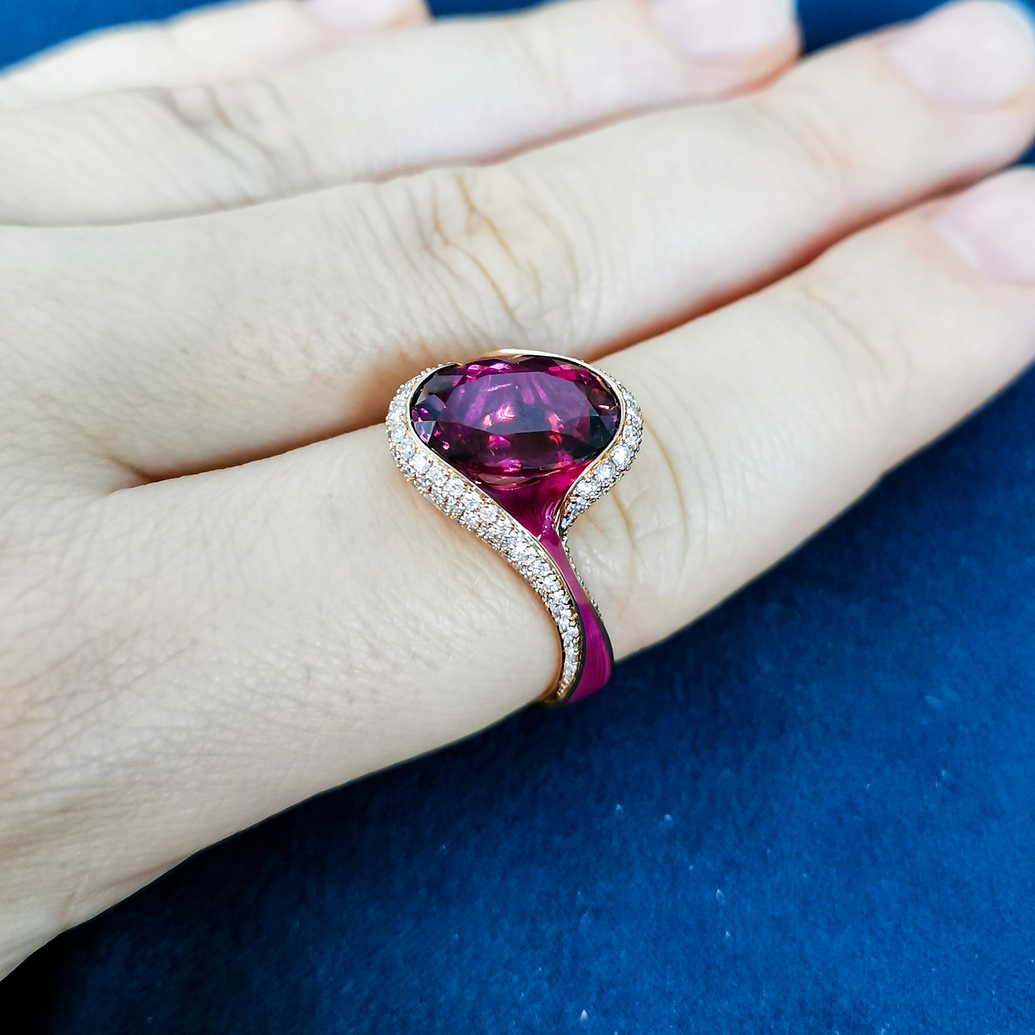 Rubellite, Diamonds  18K Rose Gold, Enamel Ring, R 0123-0