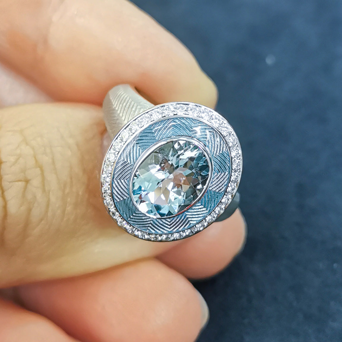 Enamel, Aquamarine, Diamonds 18K White Gold Ring, R 0084-2