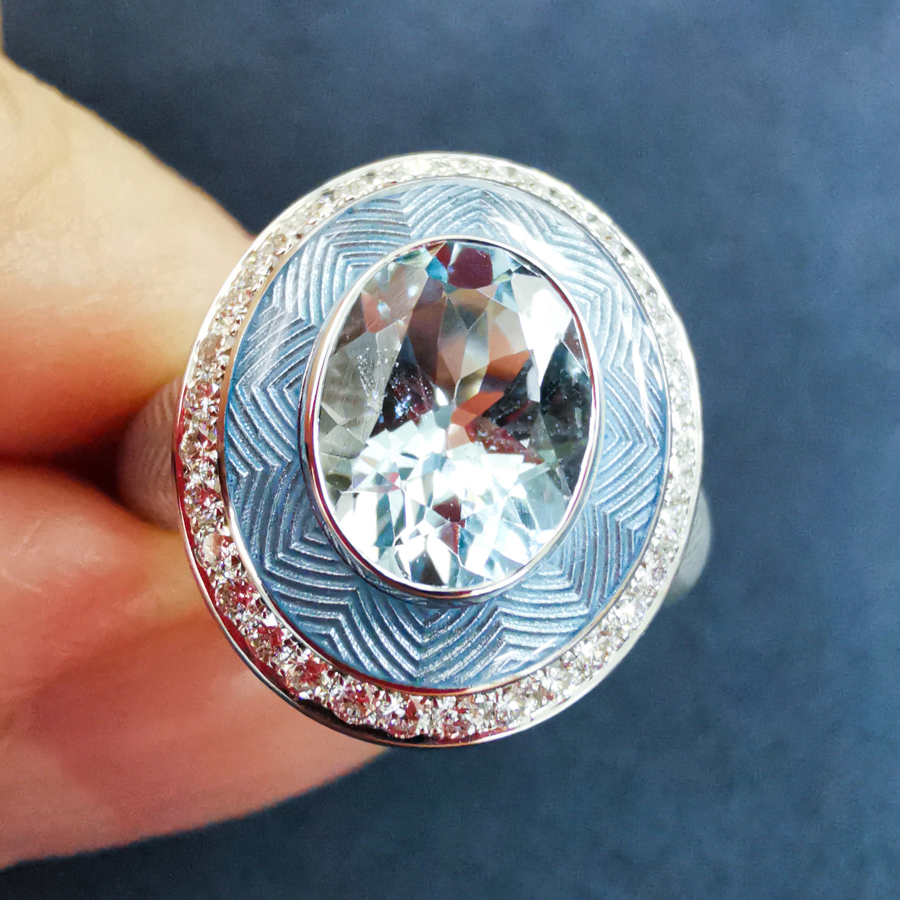 Enamel, Aquamarine, Diamonds 18K White Gold Ring, R 0084-2