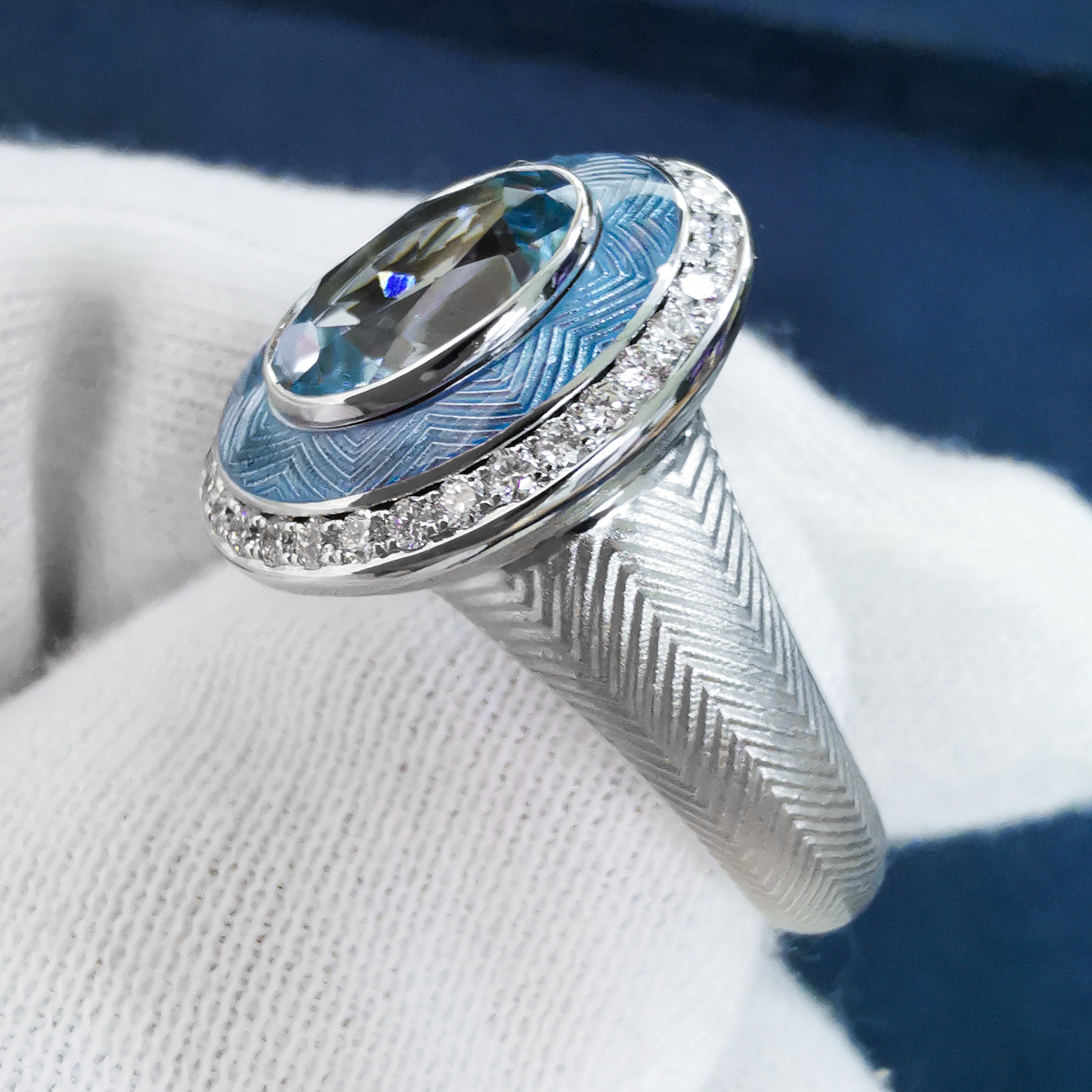 Enamel, Aquamarine, Diamonds 18K White Gold Ring, R 0084-2