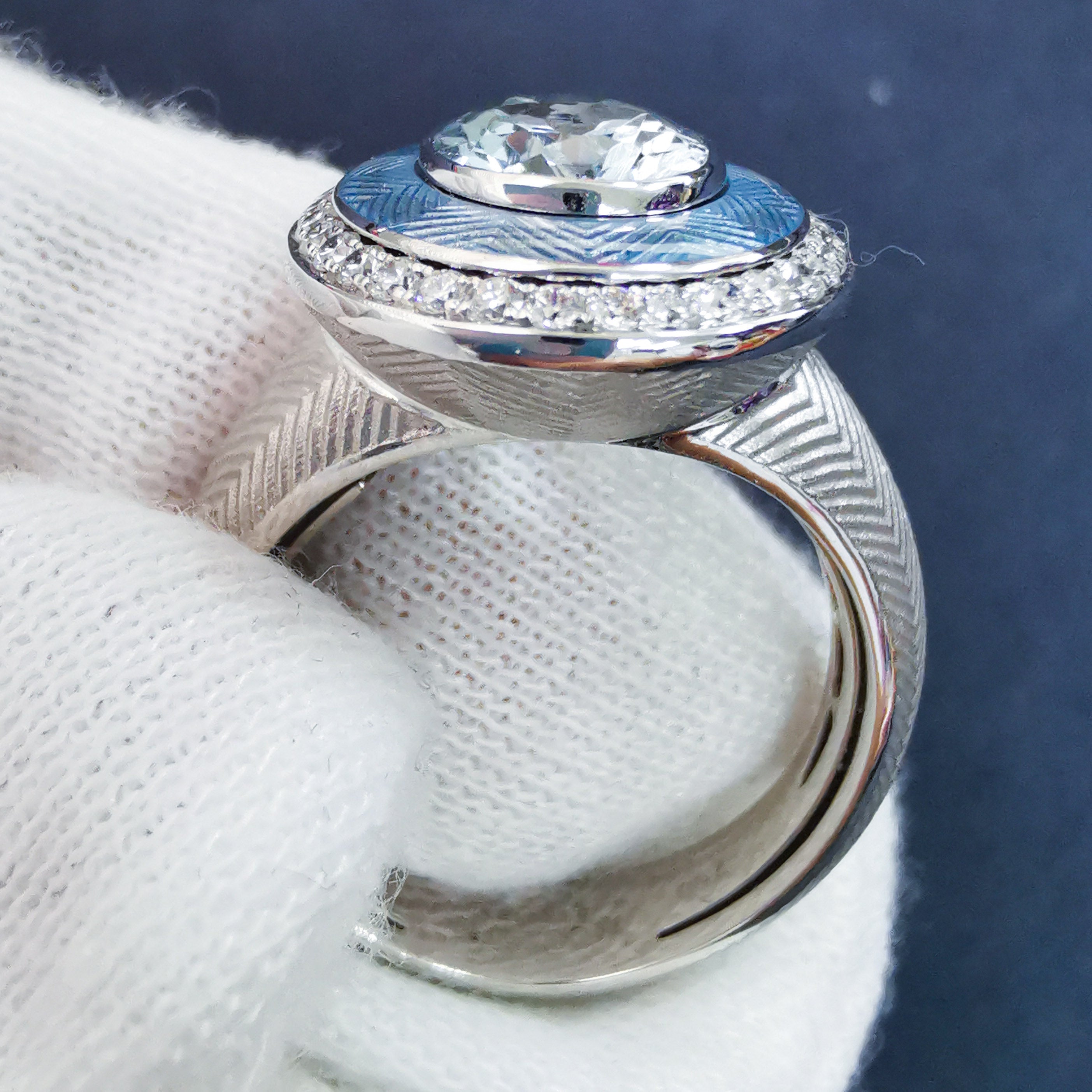Enamel, Aquamarine, Diamonds 18K White Gold Ring, R 0084-2