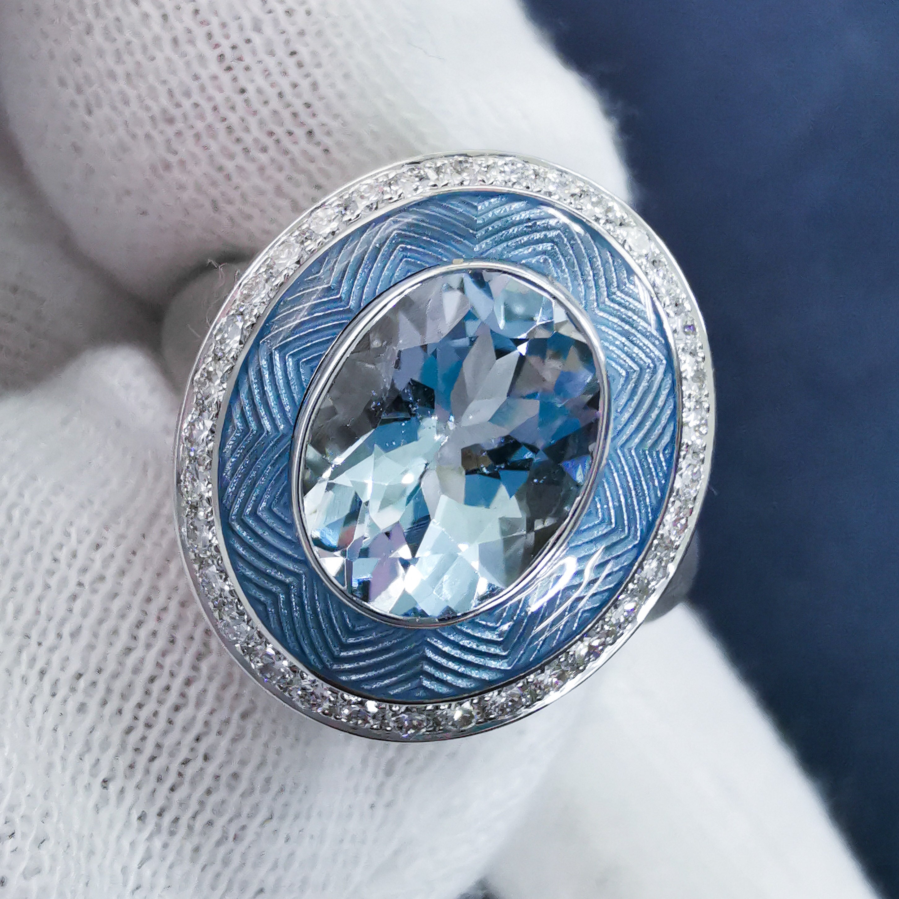 Enamel, Aquamarine, Diamonds 18K White Gold Ring, R 0084-2