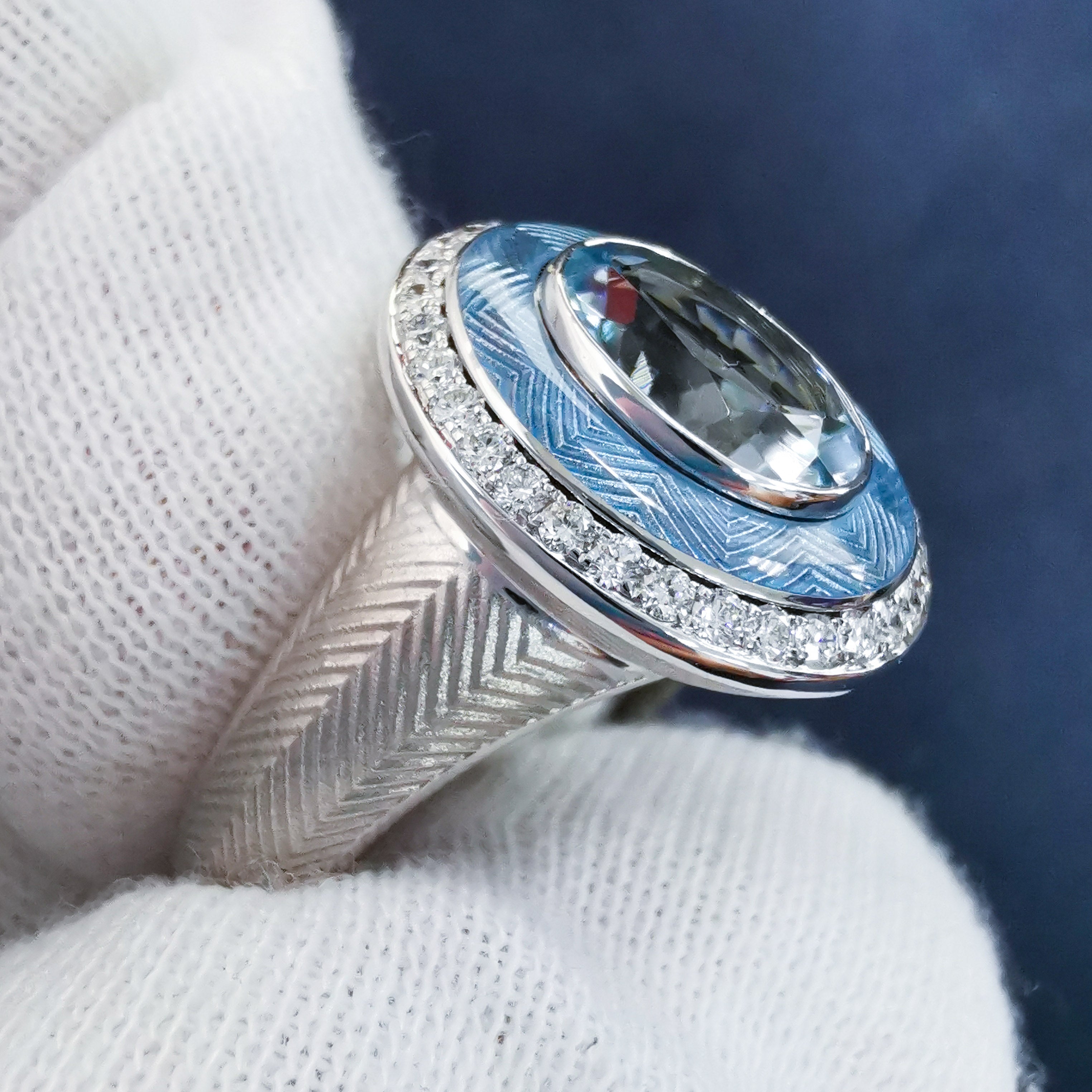 Enamel, Aquamarine, Diamonds 18K White Gold Ring, R 0084-2