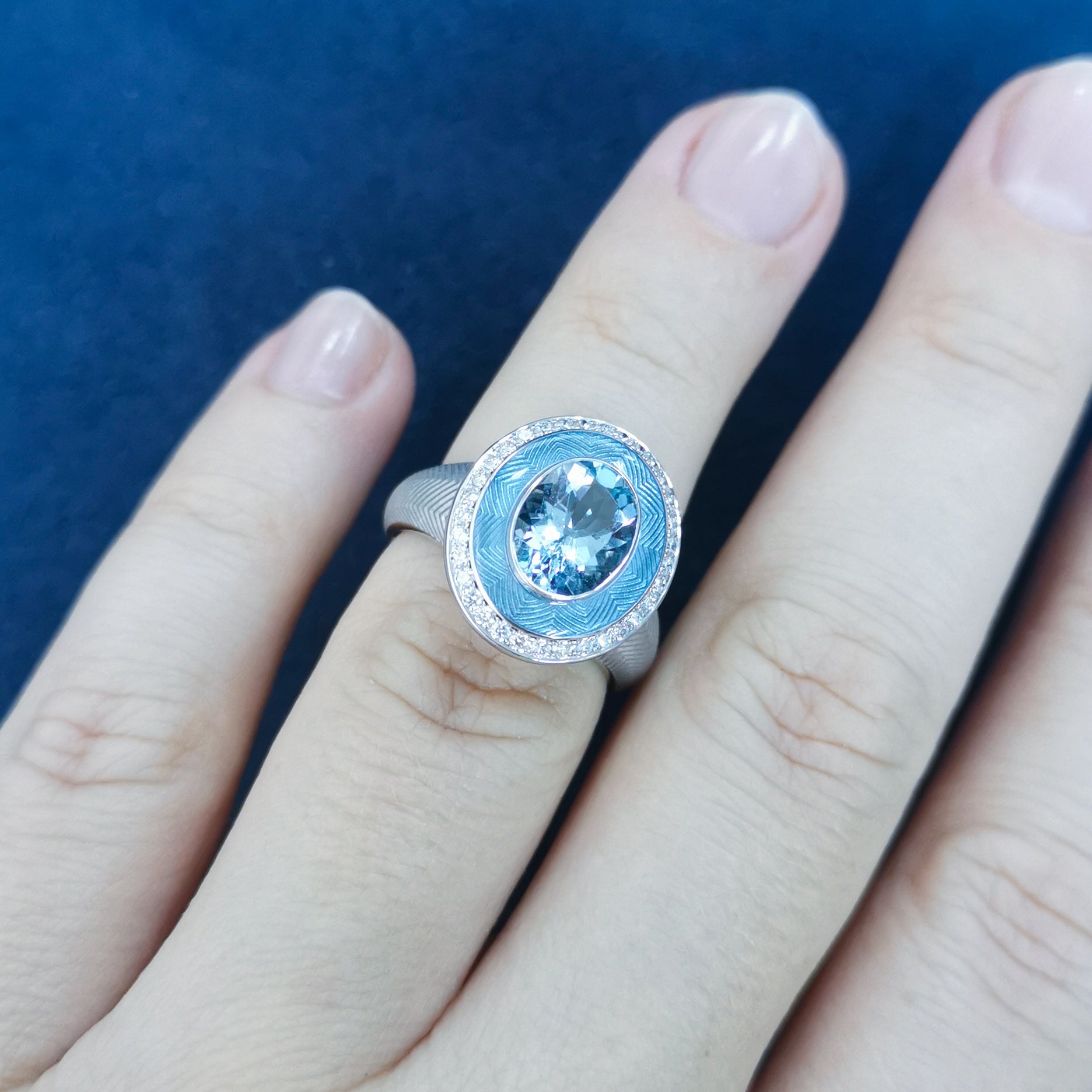 Enamel, Aquamarine, Diamonds 18K White Gold Ring, R 0084-2