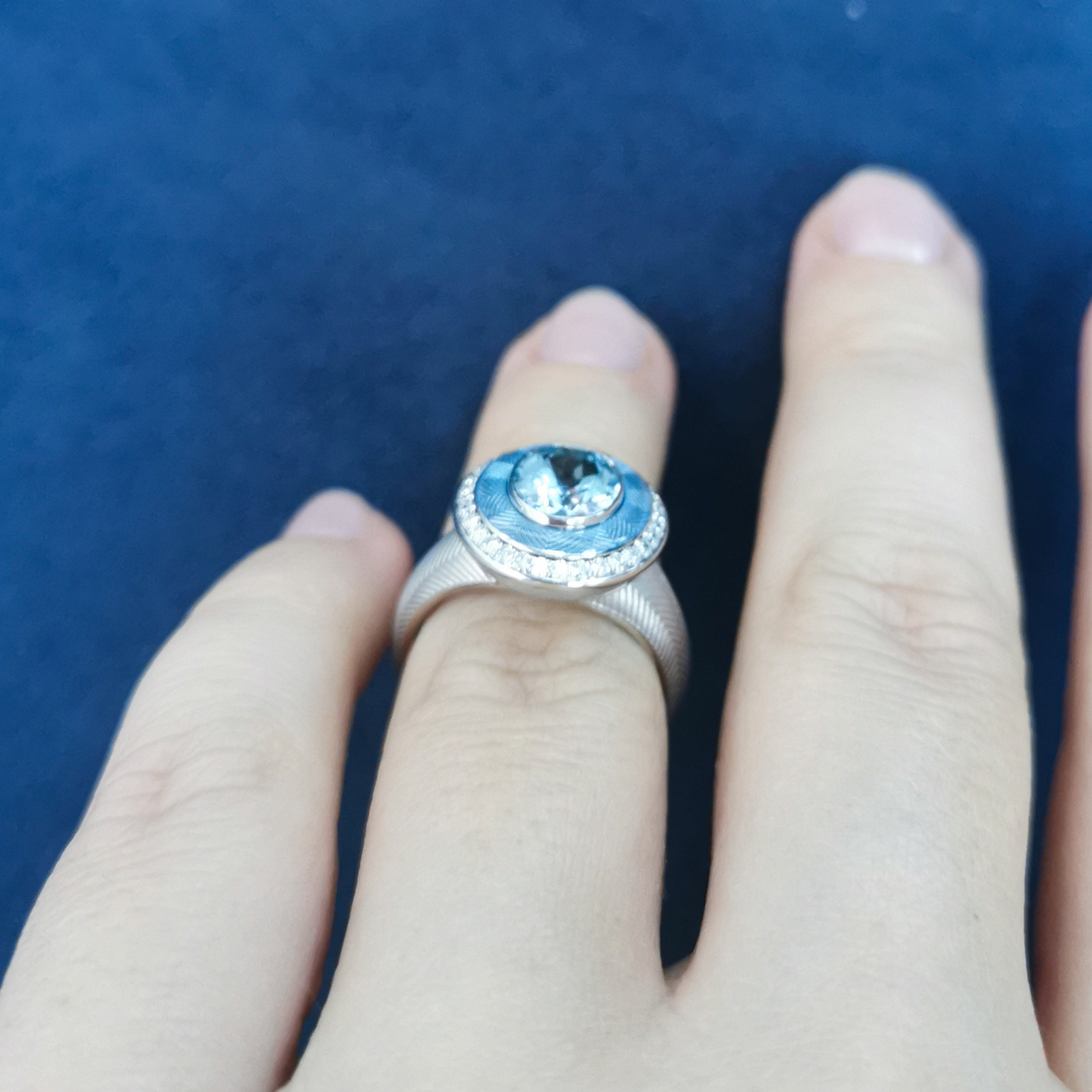Enamel, Aquamarine, Diamonds 18K White Gold Ring, R 0084-2
