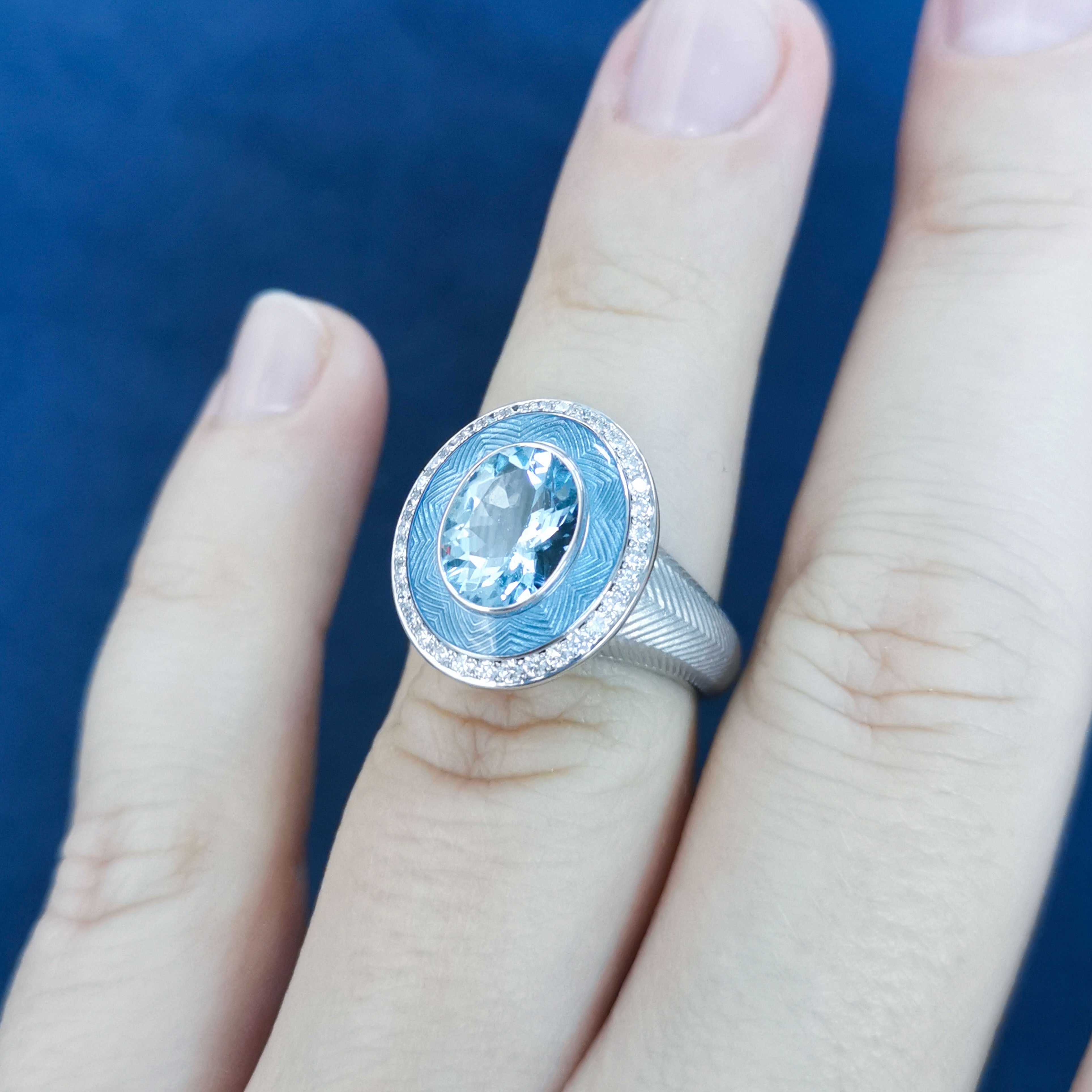 Enamel, Aquamarine, Diamonds 18K White Gold Ring, R 0084-2