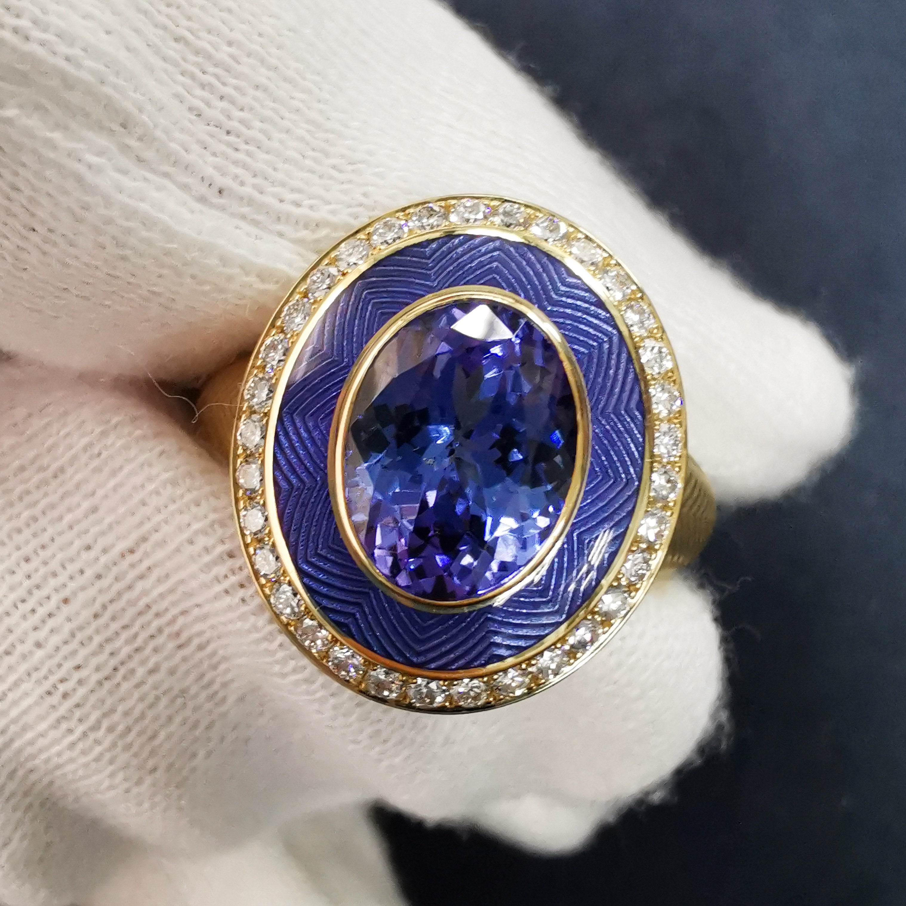 Enamel, Tanzanite, Diamonds 18K Yellow Gold Ring, R 0084-2