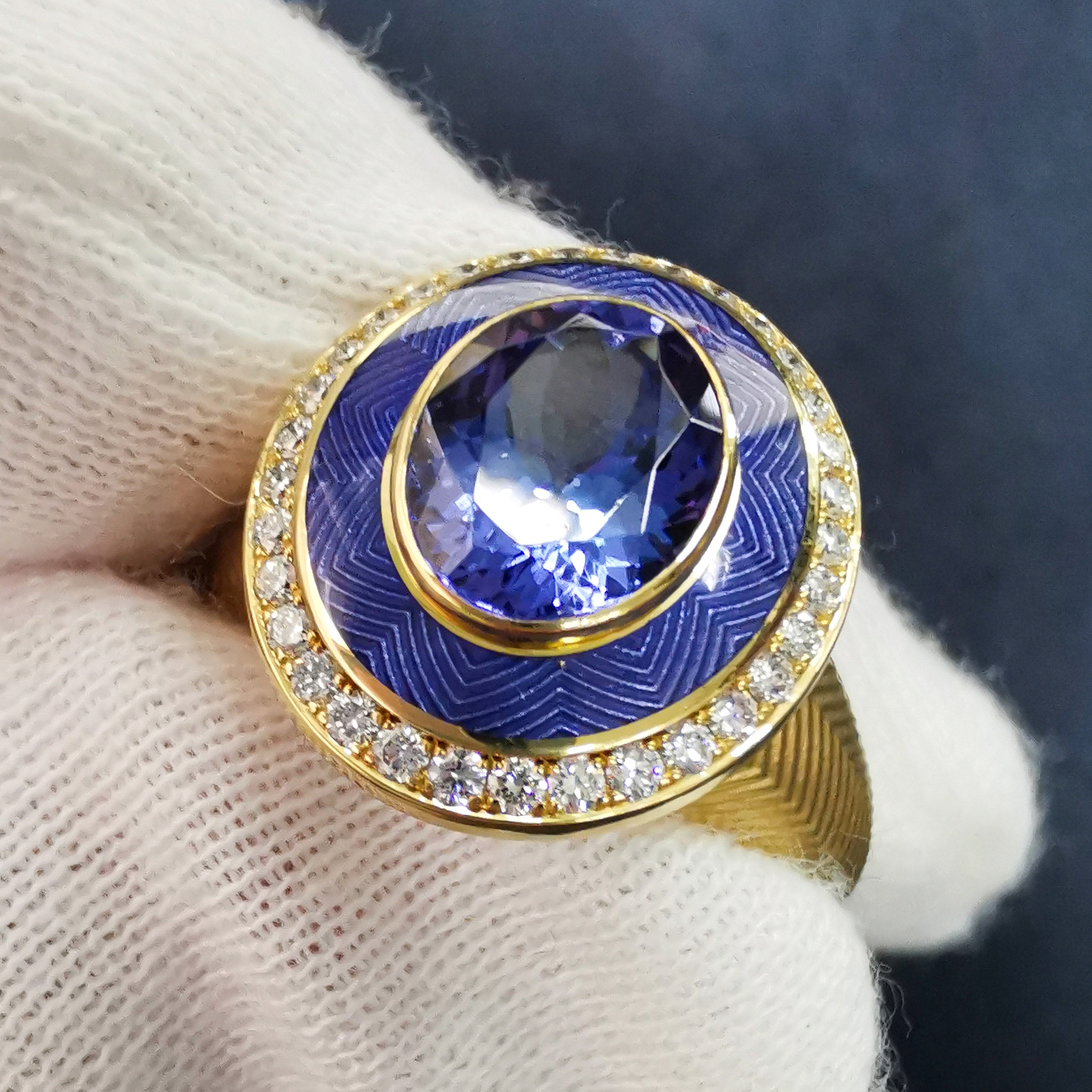 Enamel, Tanzanite, Diamonds 18K Yellow Gold Ring, R 0084-2