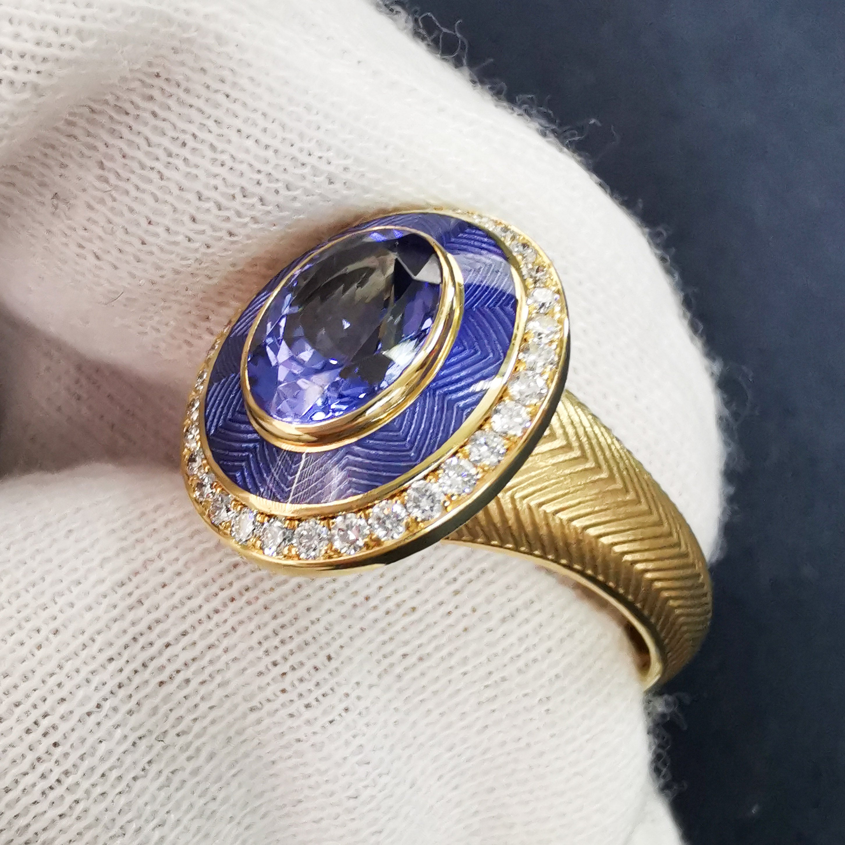 Enamel, Tanzanite, Diamonds 18K Yellow Gold Ring, R 0084-2