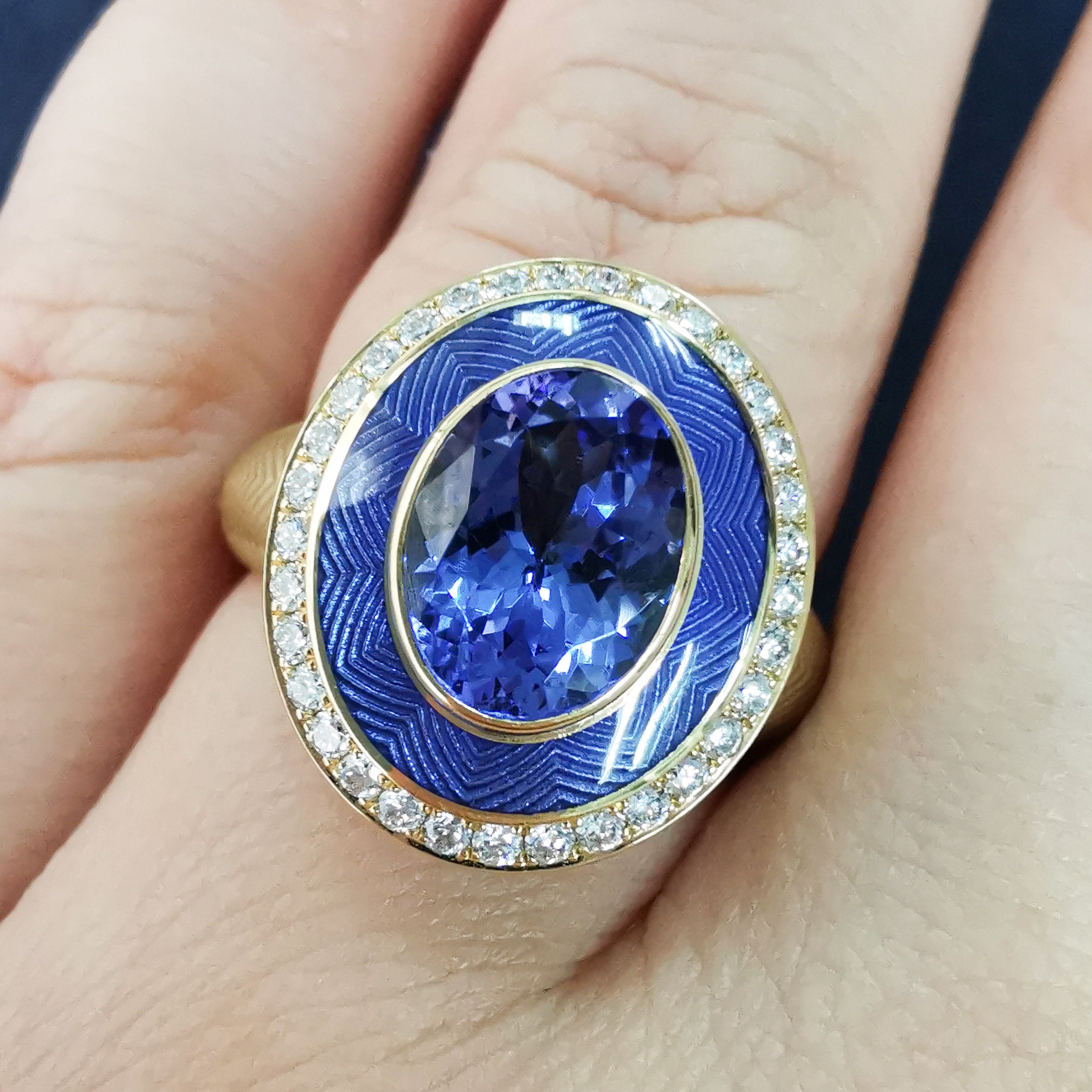 Enamel, Tanzanite, Diamonds 18K Yellow Gold Ring, R 0084-2