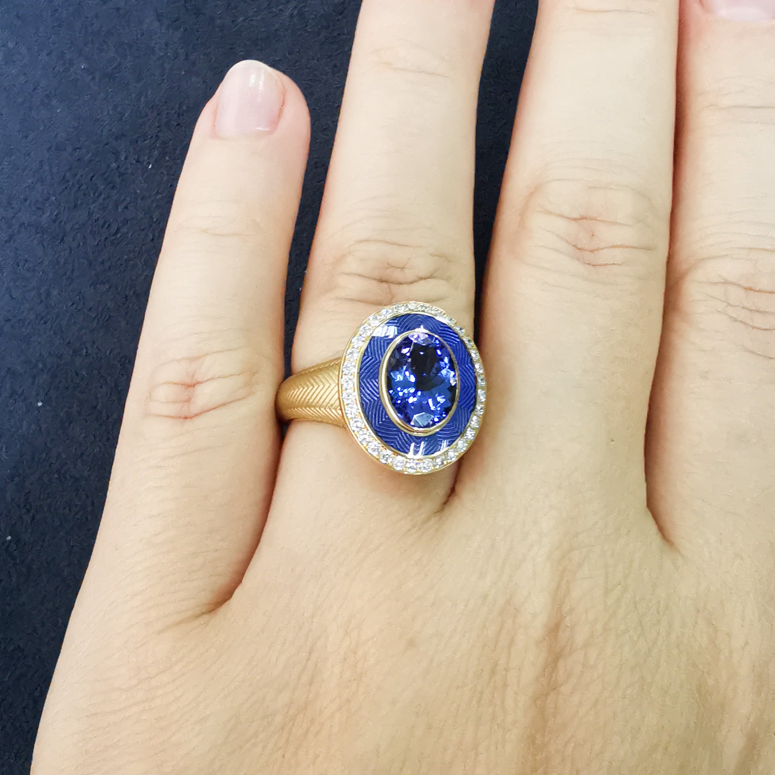 Enamel, Tanzanite, Diamonds 18K Yellow Gold Ring, R 0084-2