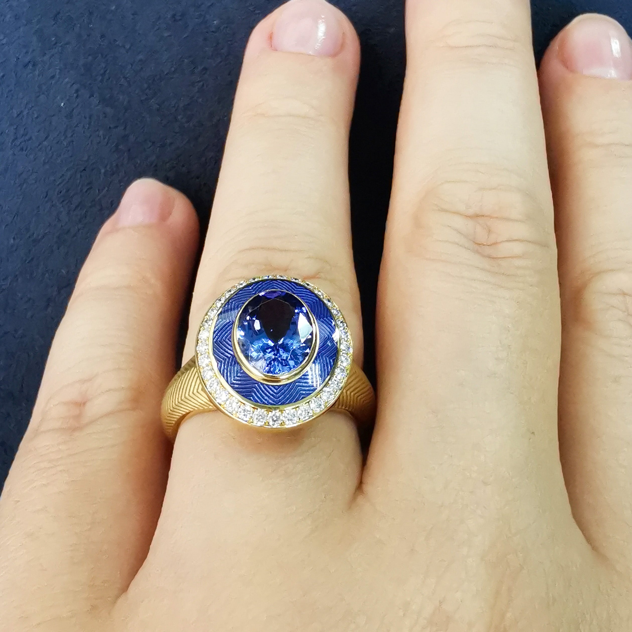 Enamel, Tanzanite, Diamonds 18K Yellow Gold Ring, R 0084-2