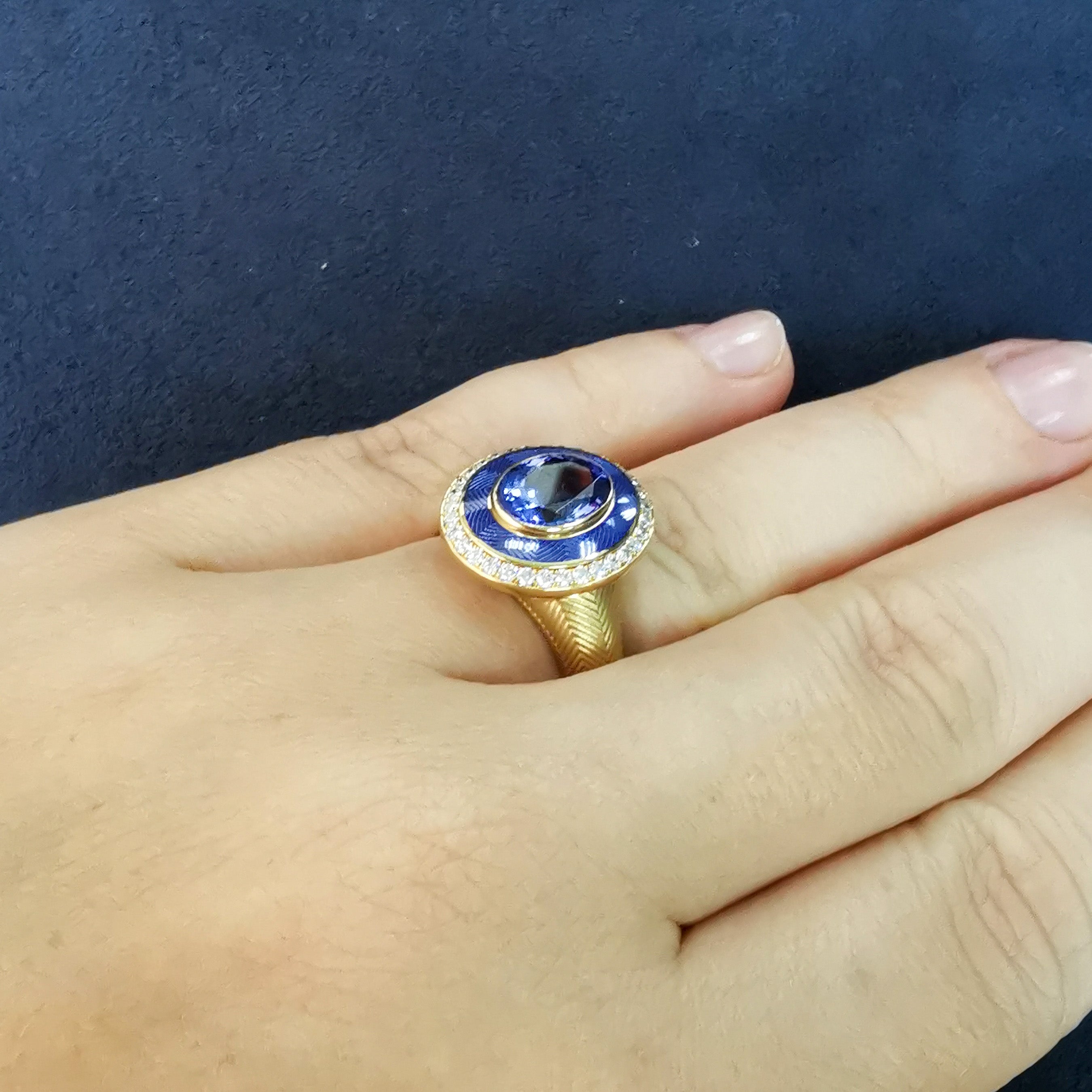 Enamel, Tanzanite, Diamonds 18K Yellow Gold Ring, R 0084-2