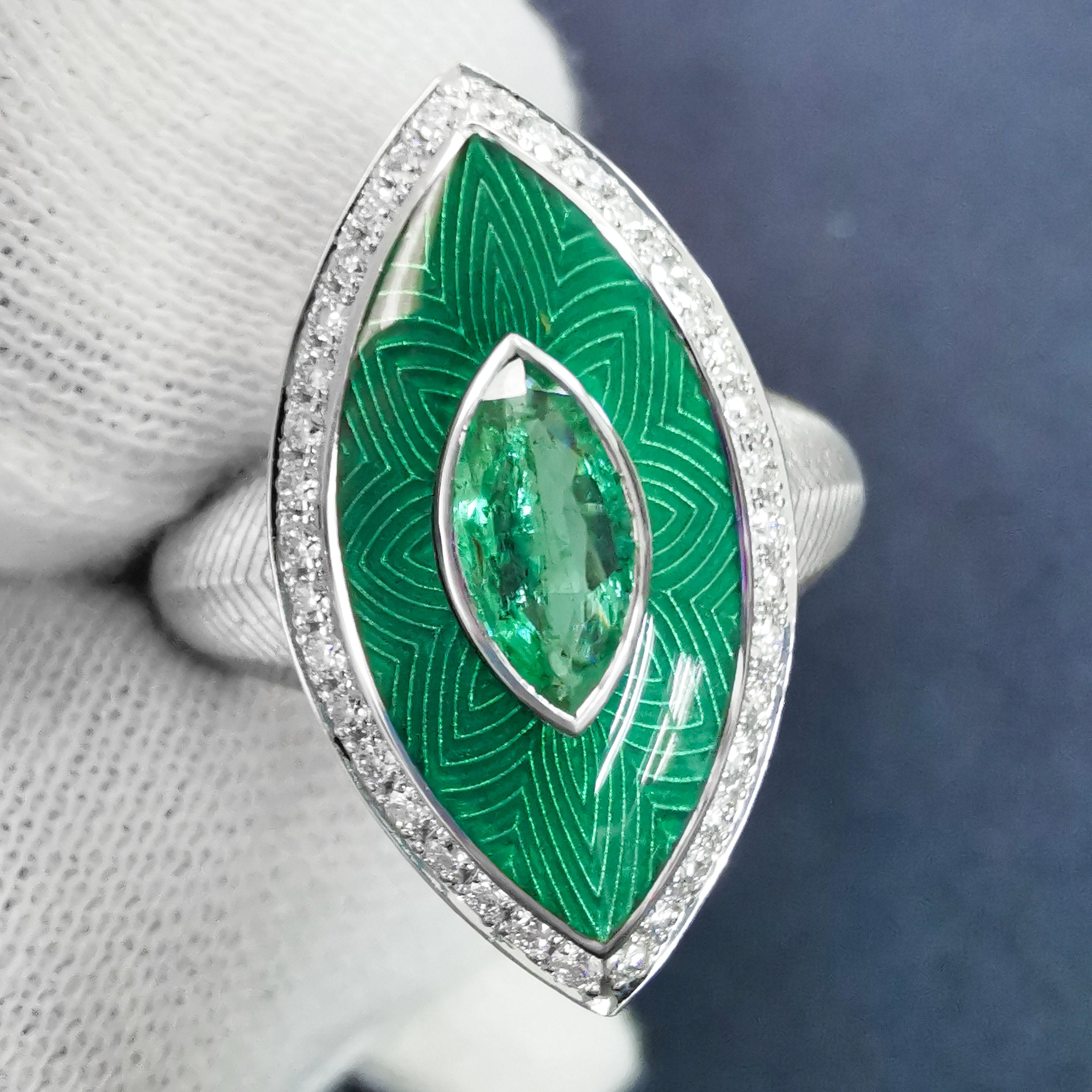 Enamel, Emerald, Diamonds 18K White Gold Ring, R 0084-11