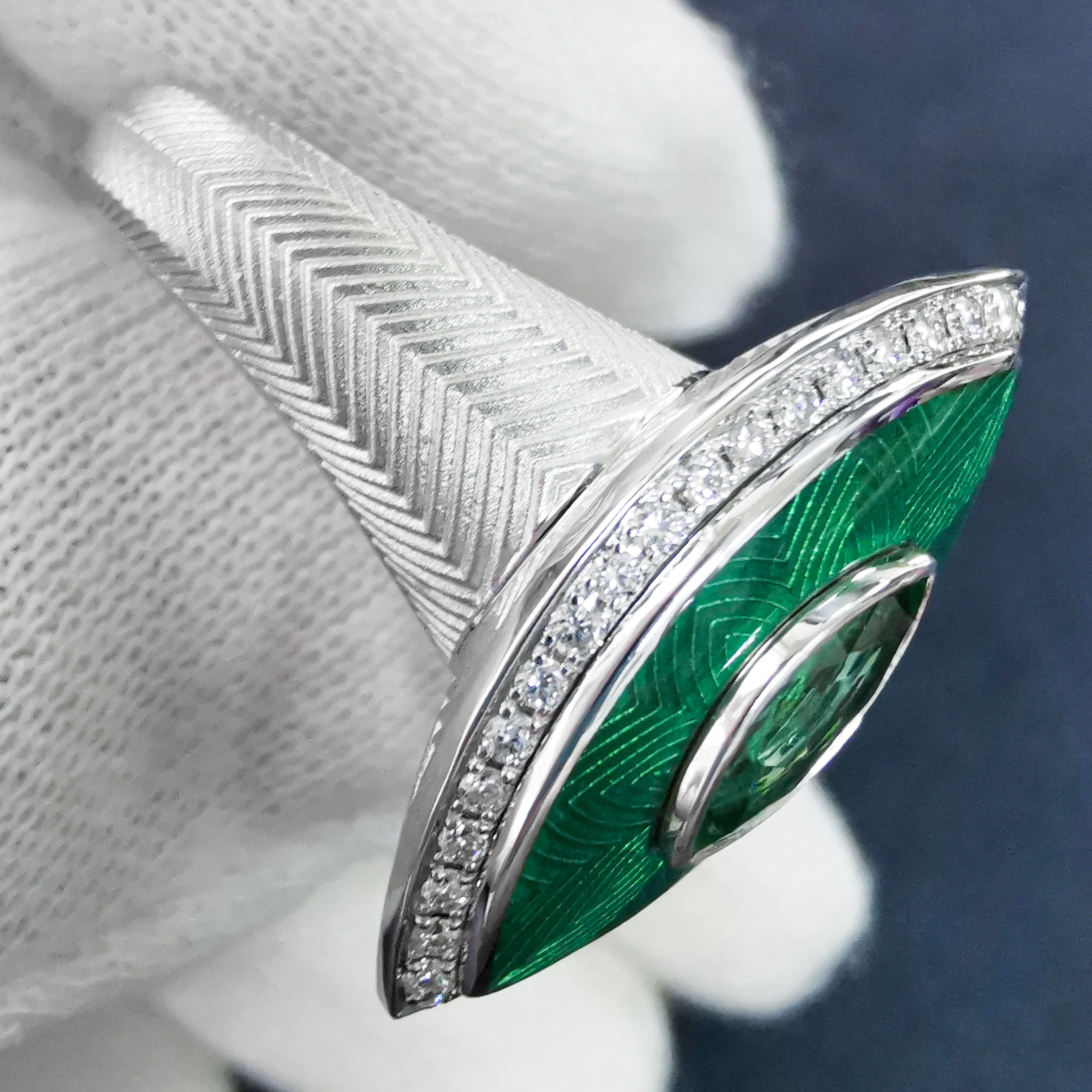 Enamel, Emerald, Diamonds 18K White Gold Ring, R 0084-11