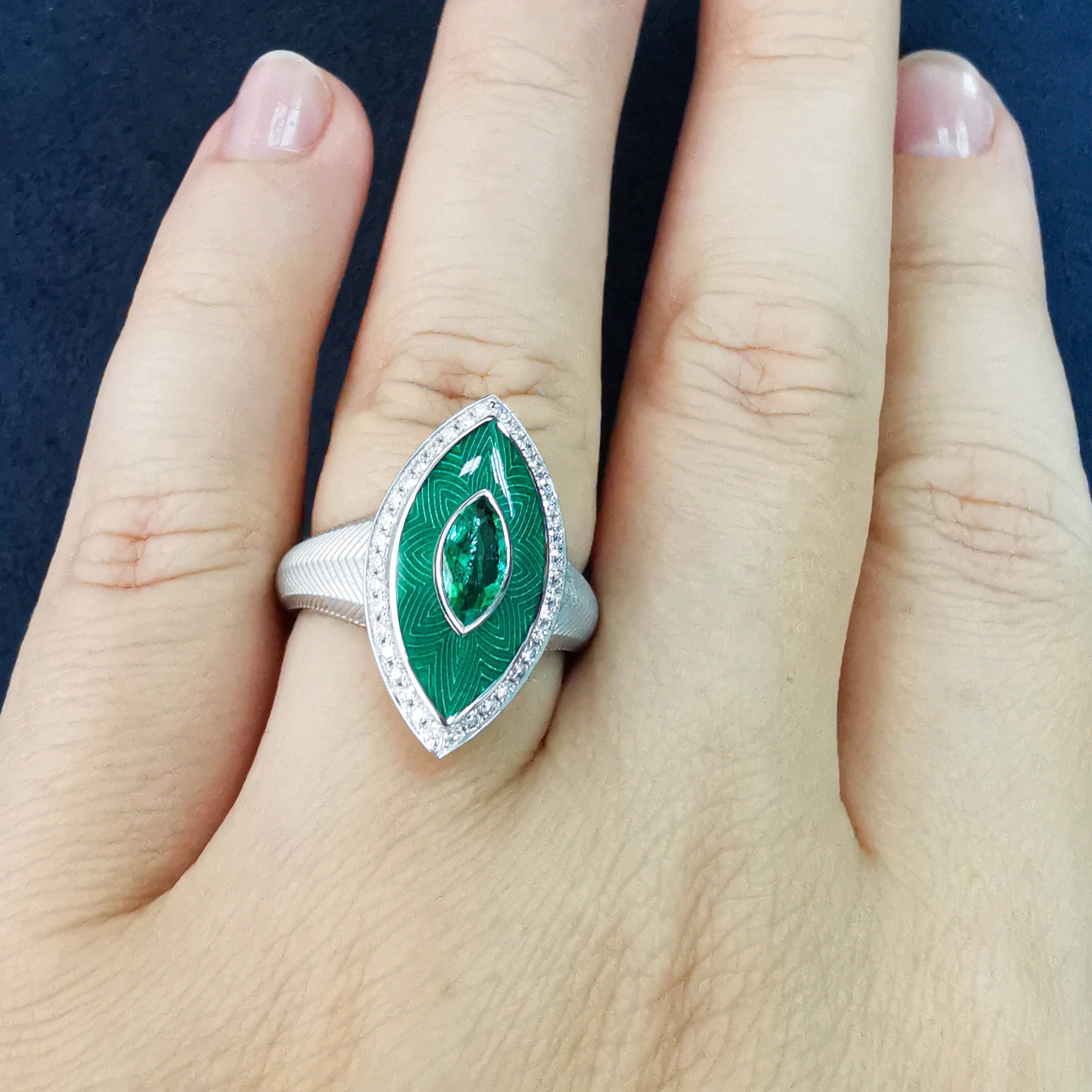 Enamel, Emerald, Diamonds 18K White Gold Ring, R 0084-11