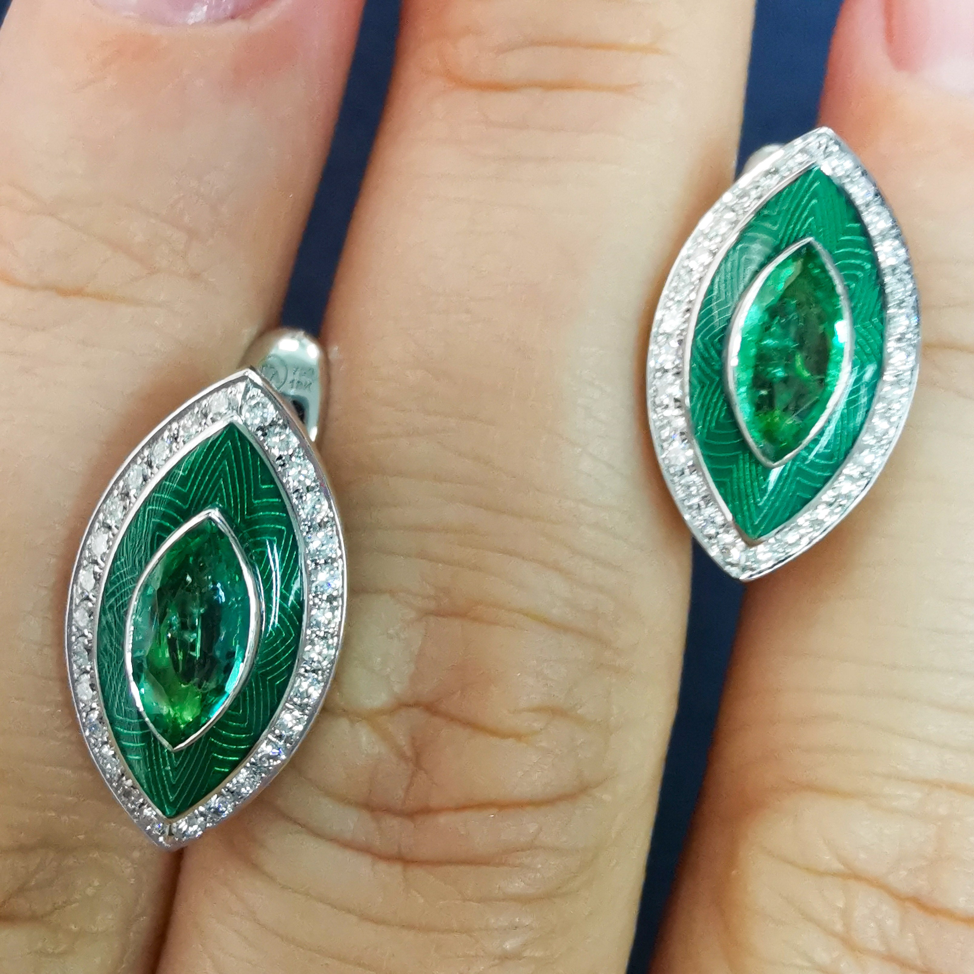 Enamel, Emerald, Diamonds 18K White Gold Earrings, E 0084-11