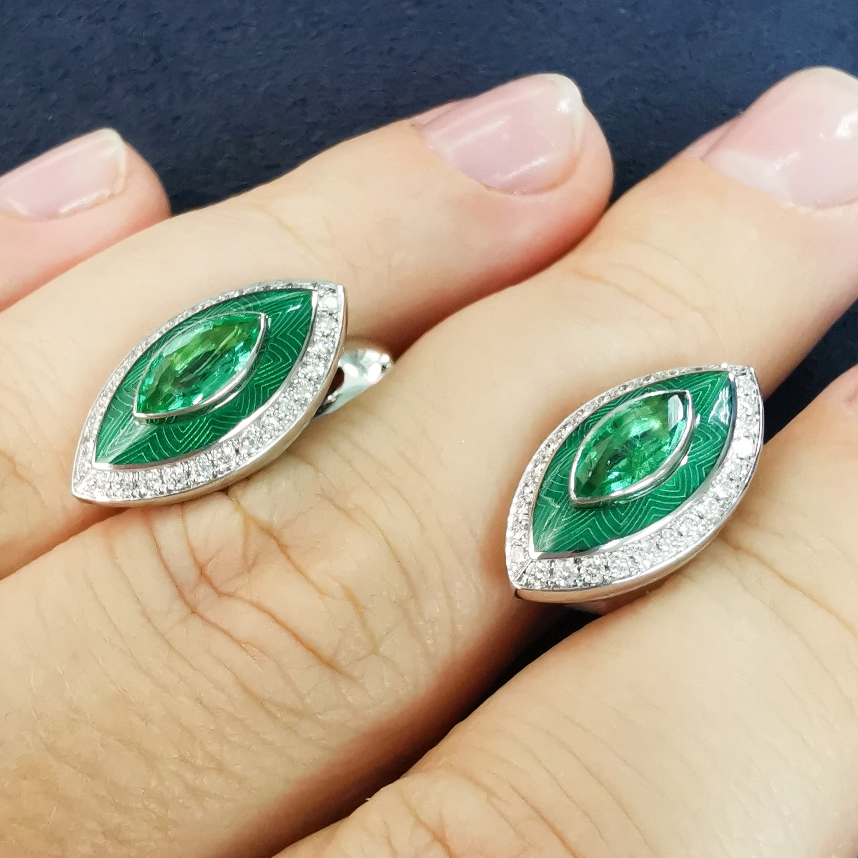Enamel, Emerald, Diamonds 18K White Gold Earrings, E 0084-11