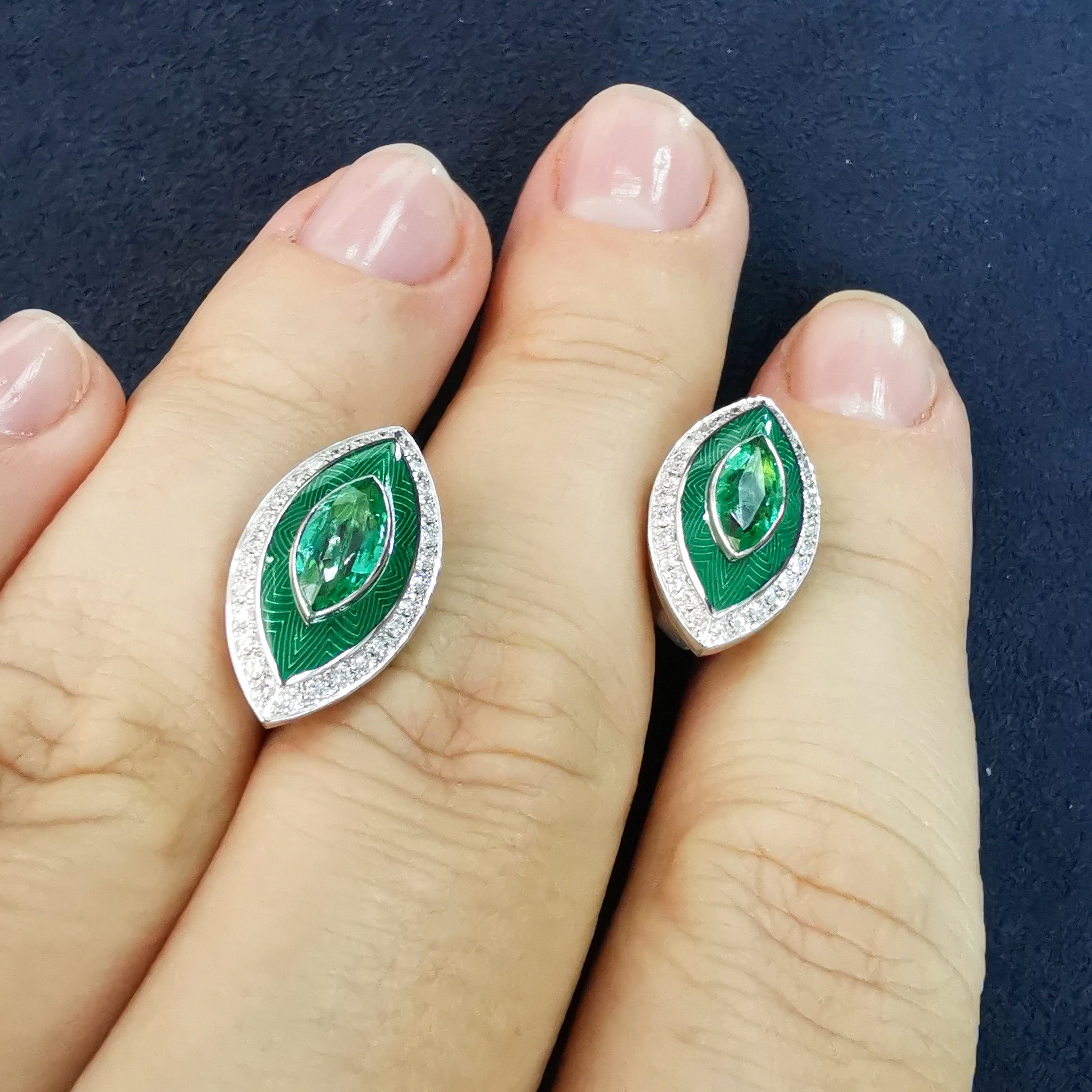 Enamel, Emerald, Diamonds 18K White Gold Earrings, E 0084-11