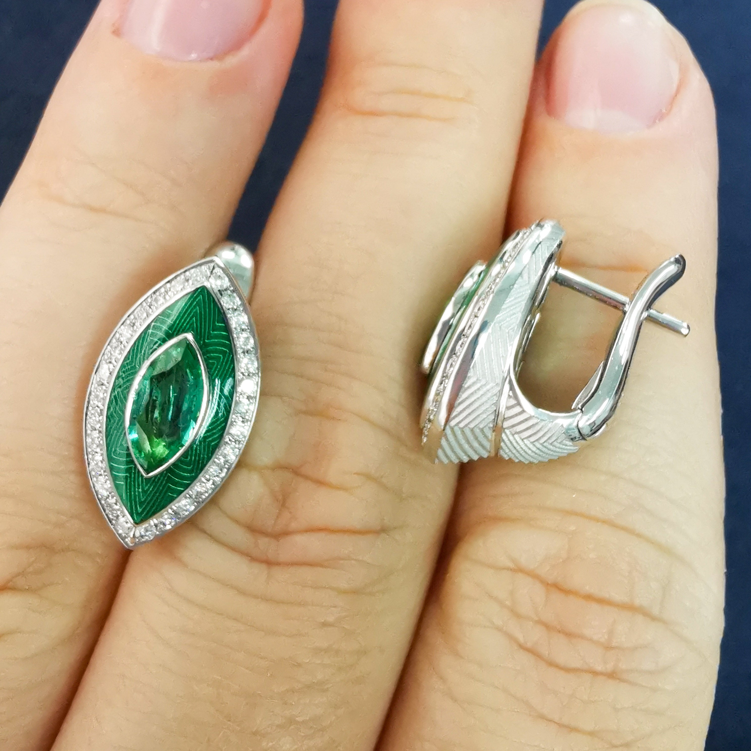 Enamel, Emerald, Diamonds 18K White Gold Earrings, E 0084-11