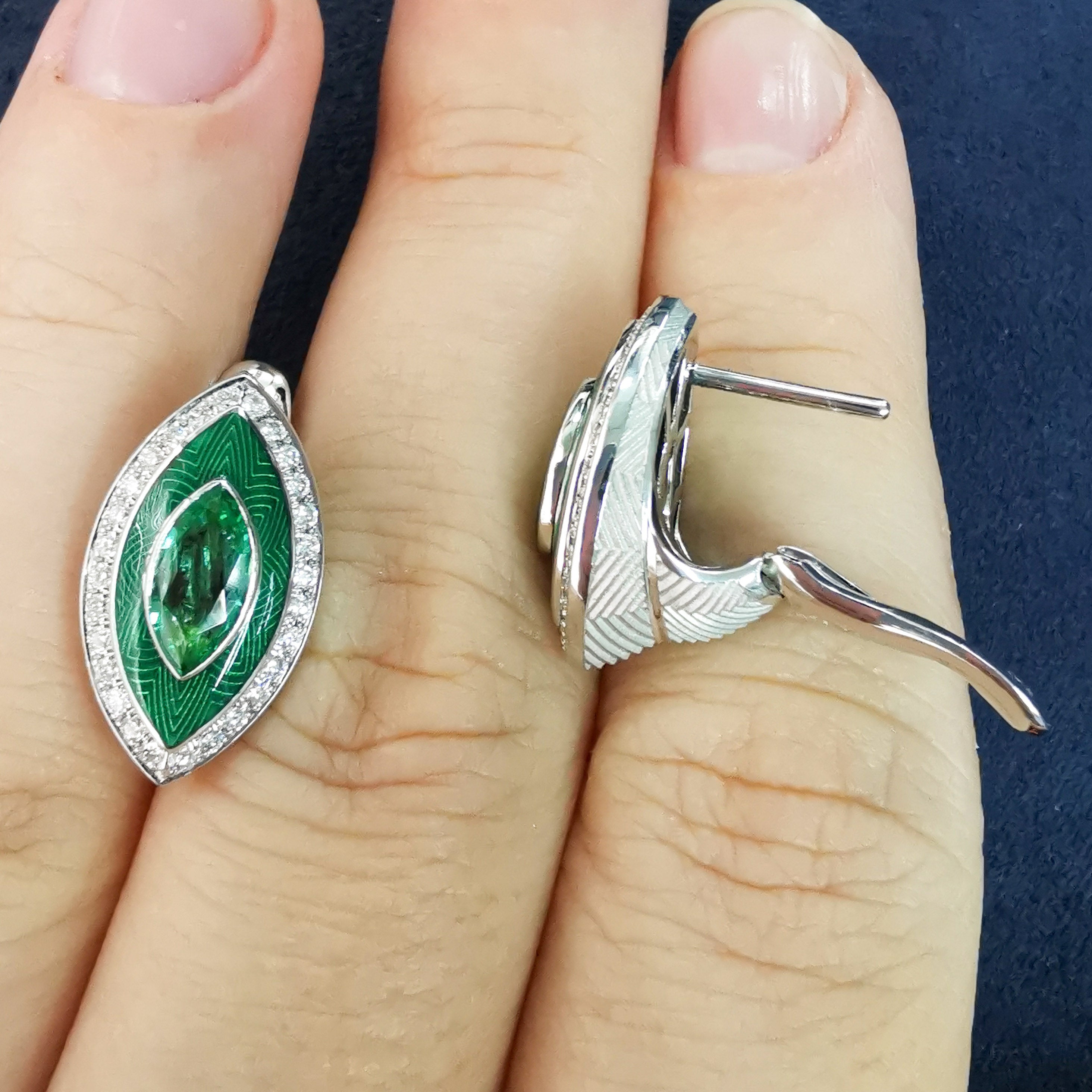 Enamel, Emerald, Diamonds 18K White Gold Earrings, E 0084-11