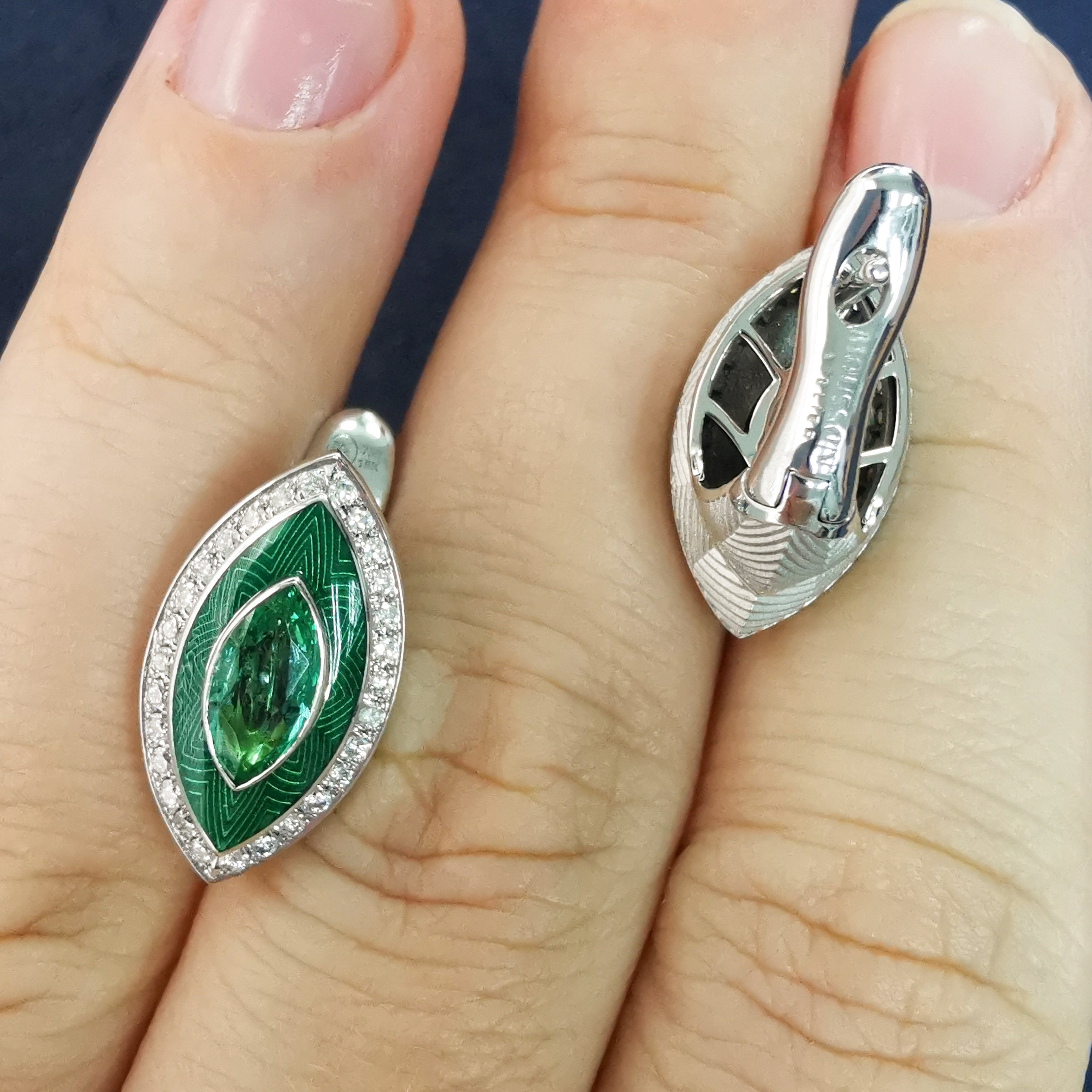 Enamel, Emerald, Diamonds 18K White Gold Earrings, E 0084-11