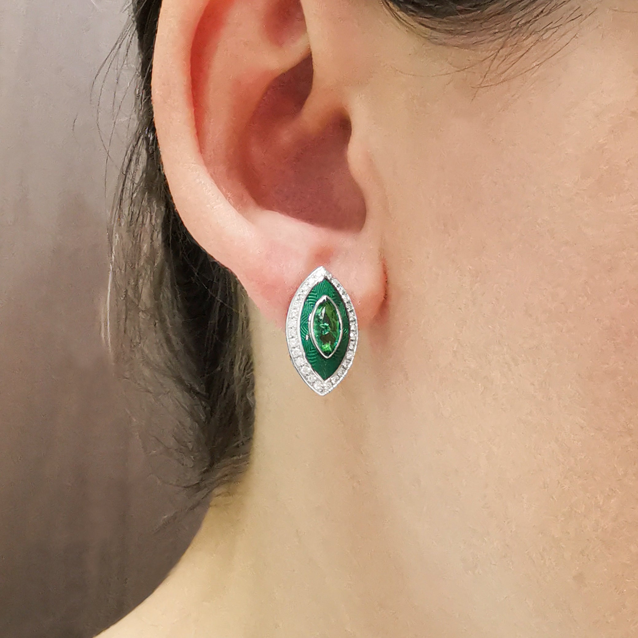 Enamel, Emerald, Diamonds 18K White Gold Earrings, E 0084-11