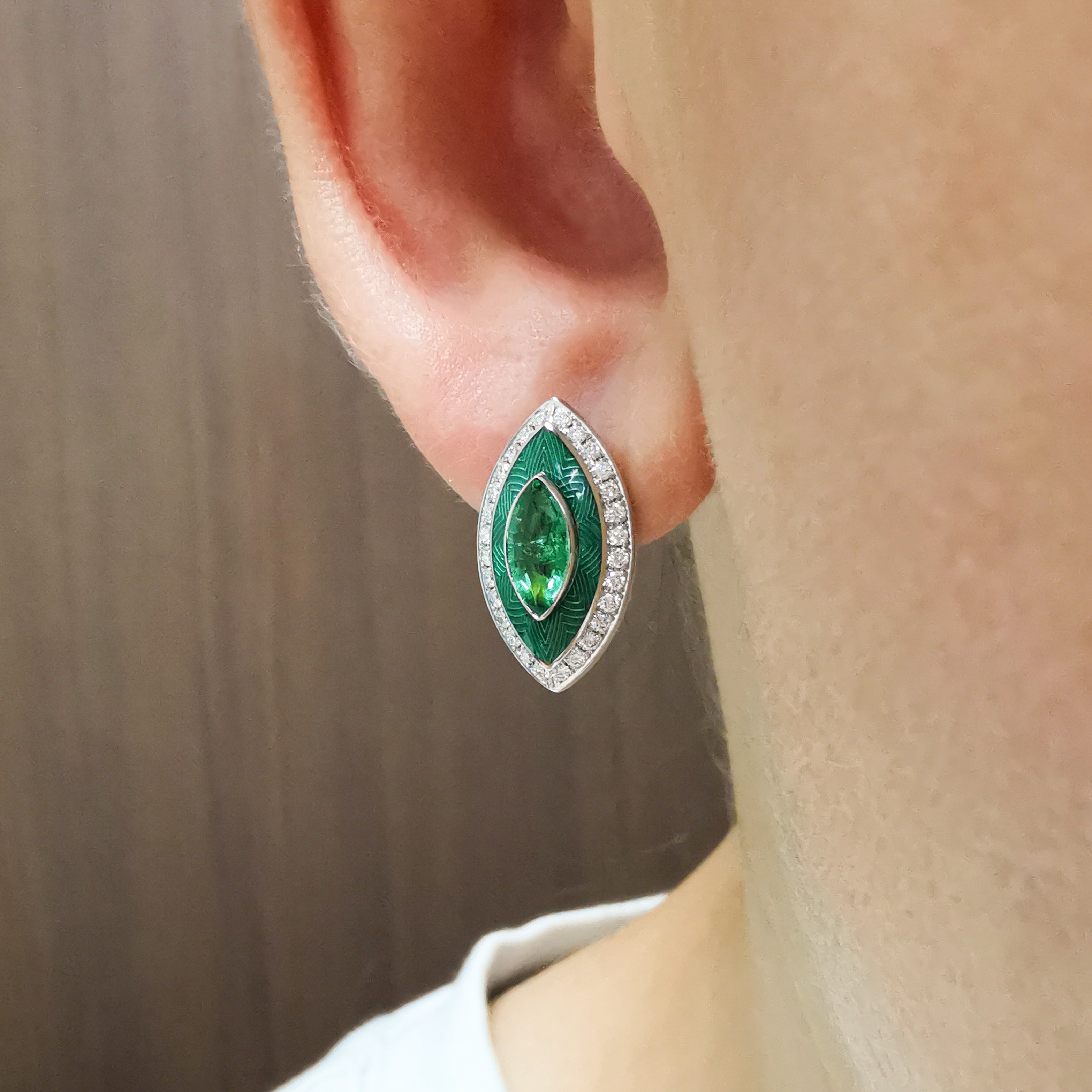 Enamel, Emerald, Diamonds 18K White Gold Earrings, E 0084-11