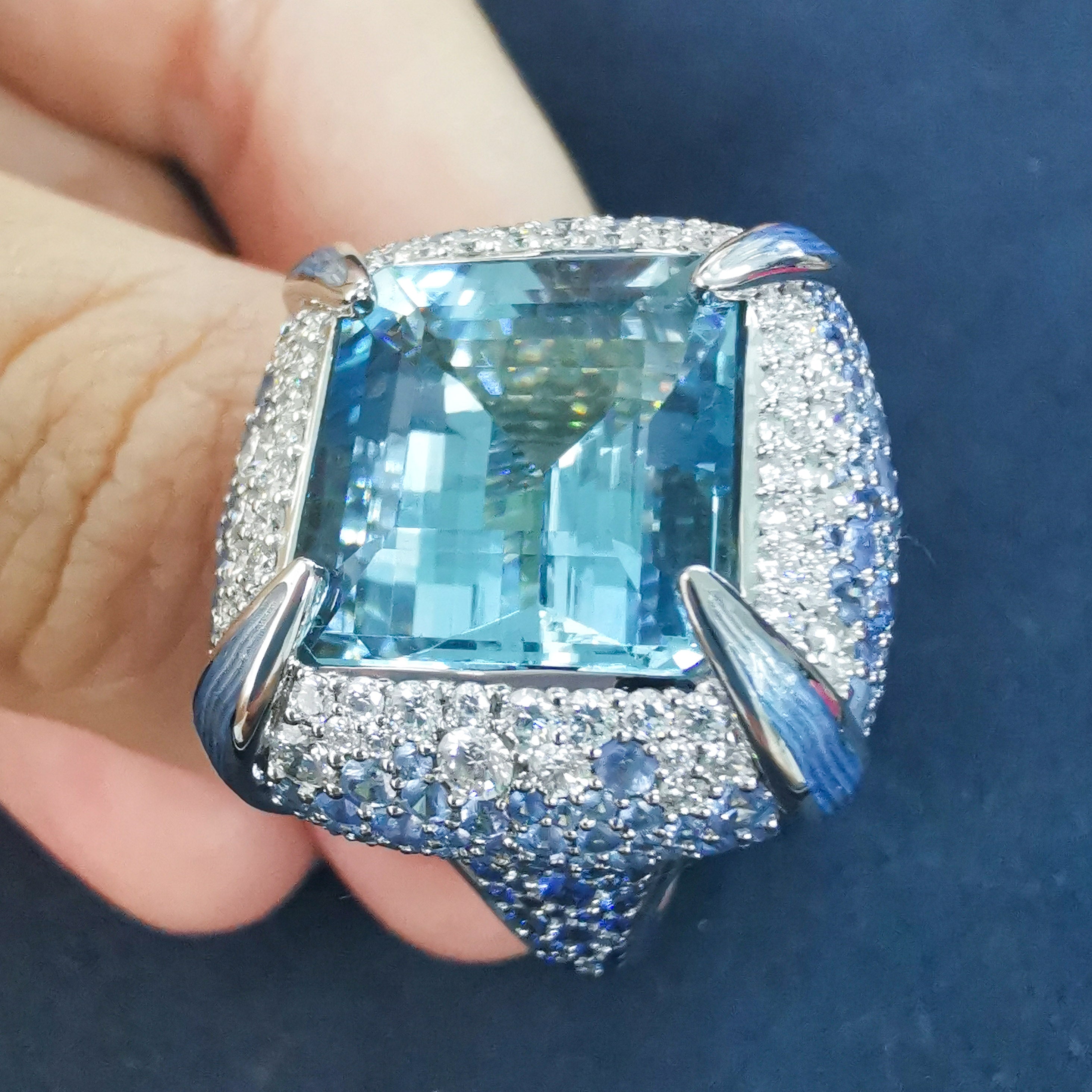 Aquamarine, Sapphire, Enamel, Diamonds 18K White Gold, Ring, R 0127-1