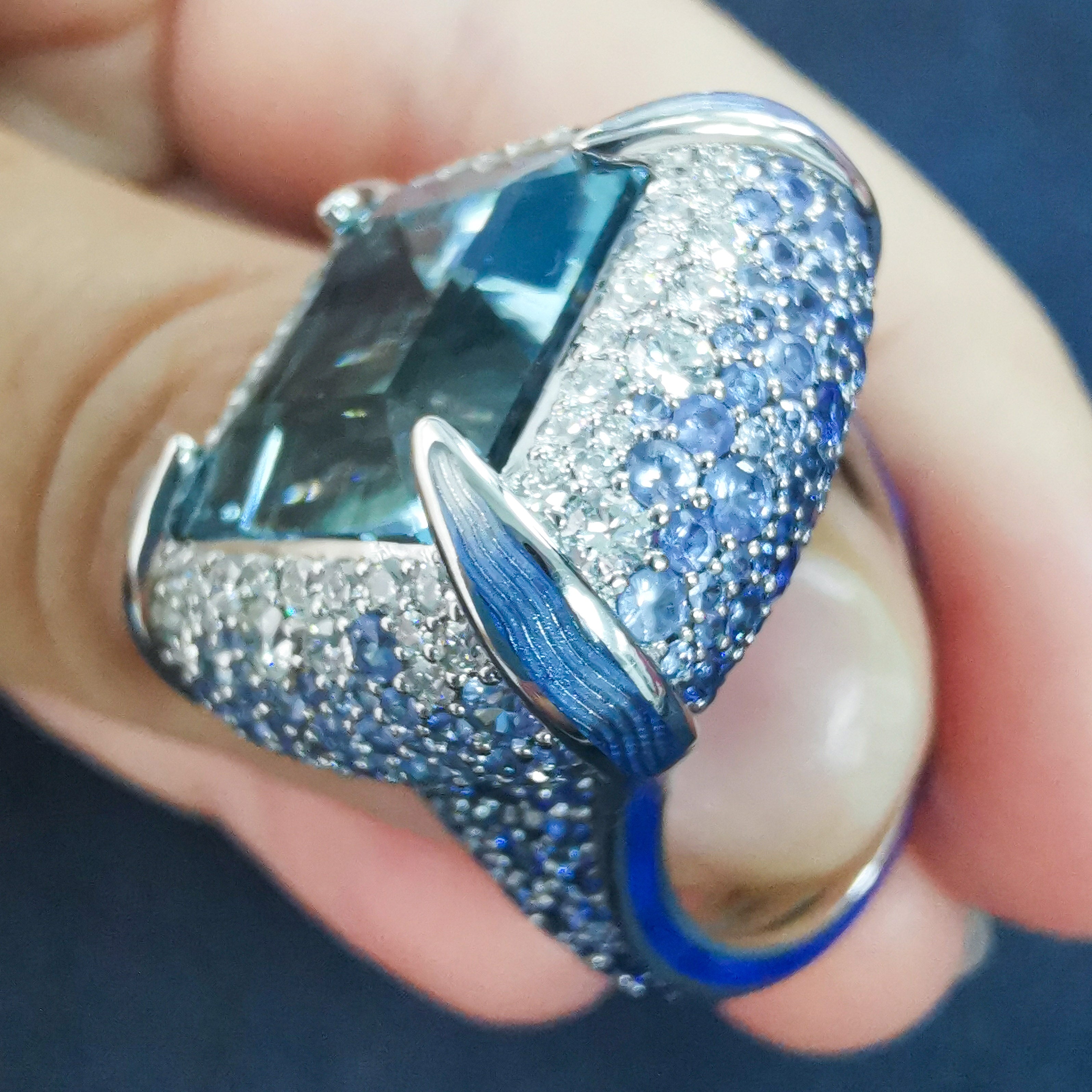 Aquamarine, Sapphire, Enamel, Diamonds 18K White Gold, Ring, R 0127-1