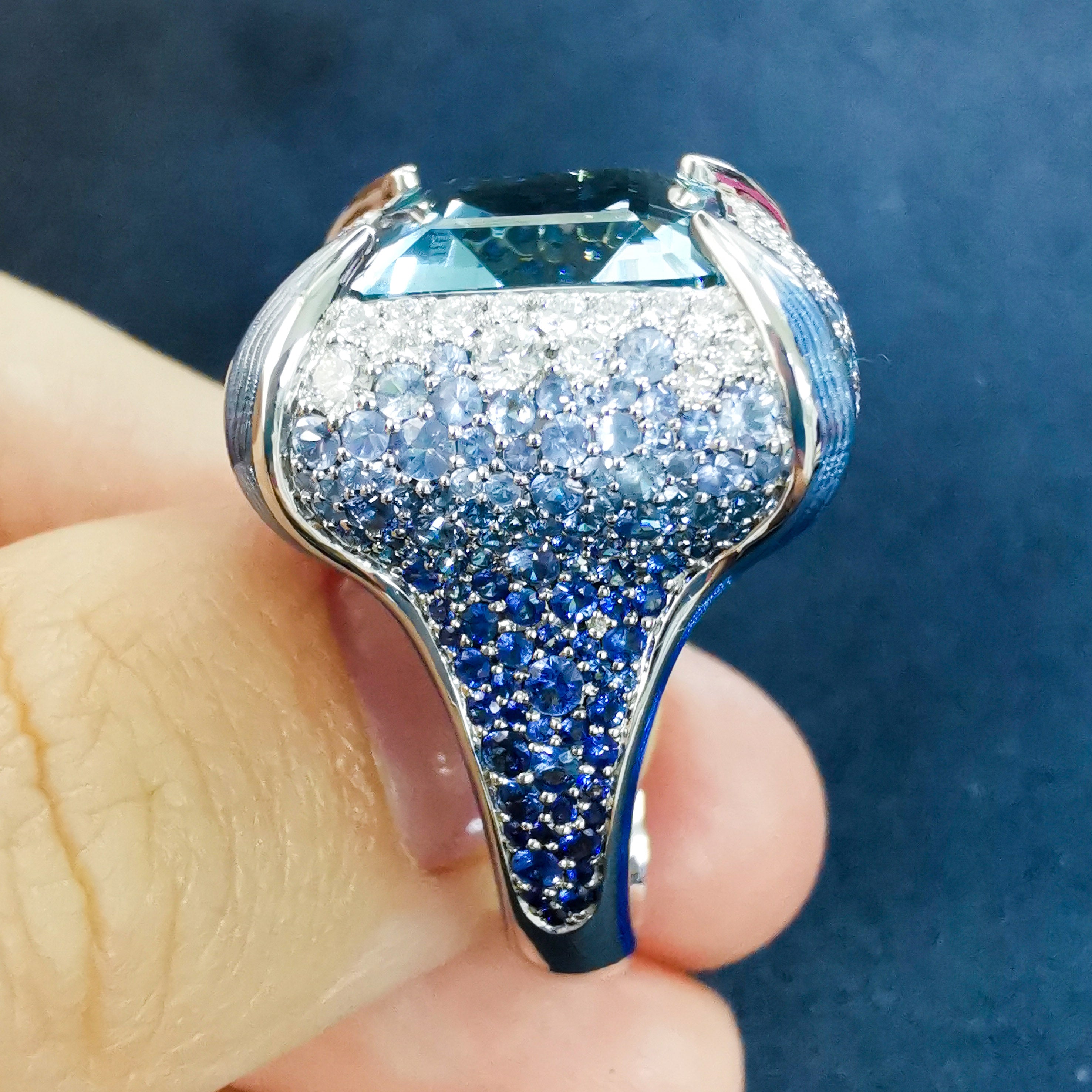 Aquamarine, Sapphire, Enamel, Diamonds 18K White Gold, Ring, R 0127-1