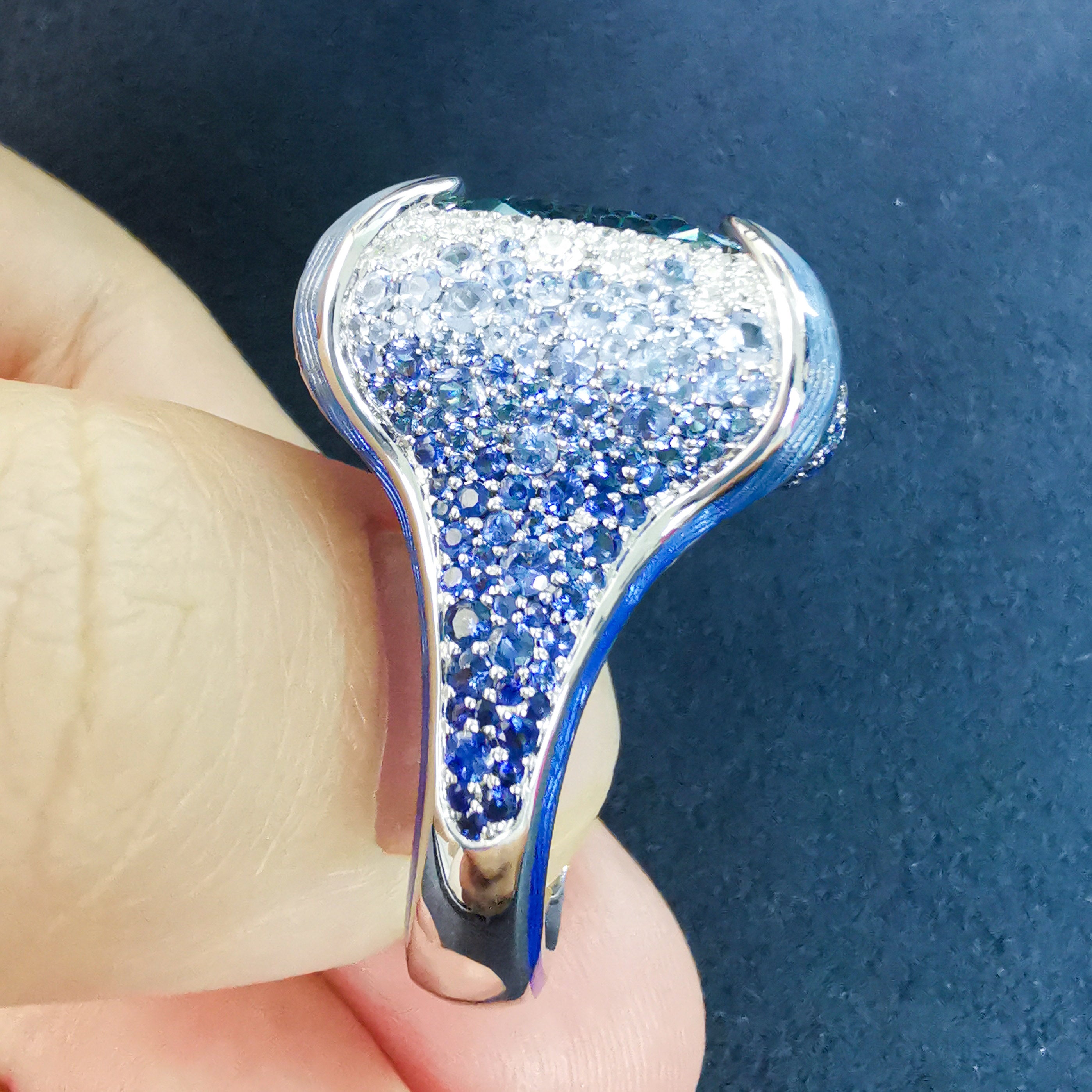Aquamarine, Sapphire, Enamel, Diamonds 18K White Gold, Ring, R 0127-1