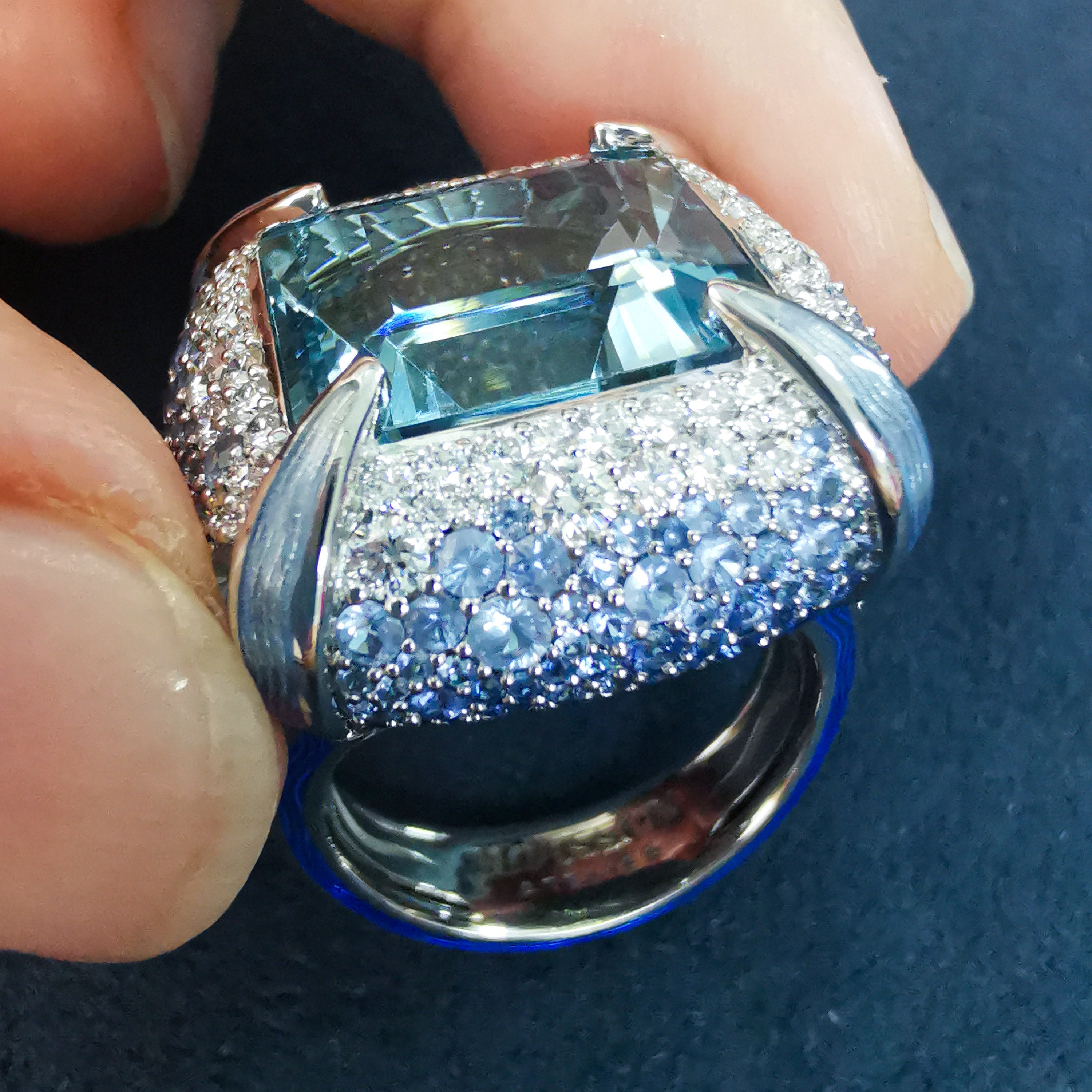 Aquamarine, Sapphire, Enamel, Diamonds 18K White Gold, Ring, R 0127-1