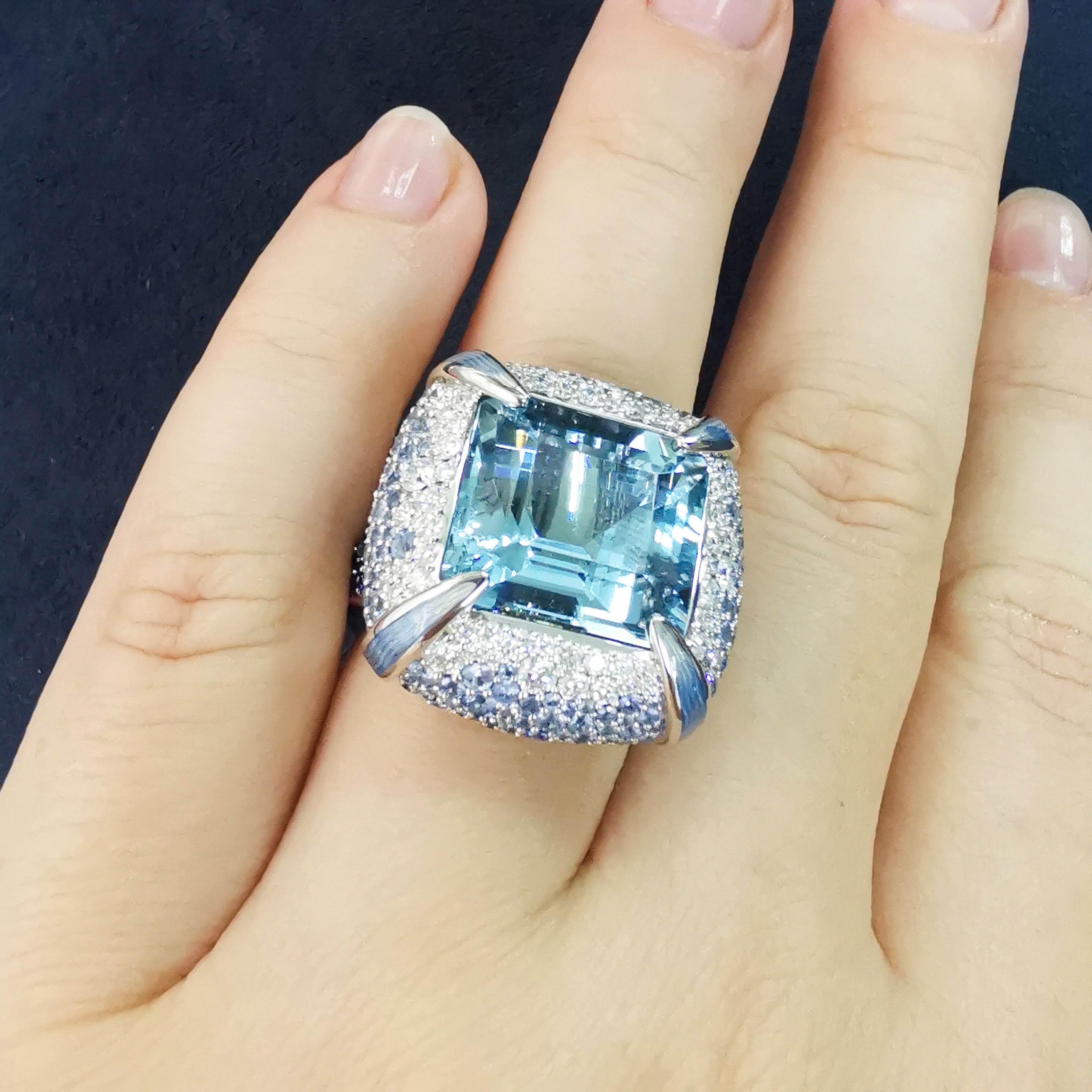 Aquamarine, Sapphire, Enamel, Diamonds 18K White Gold, Ring, R 0127-1