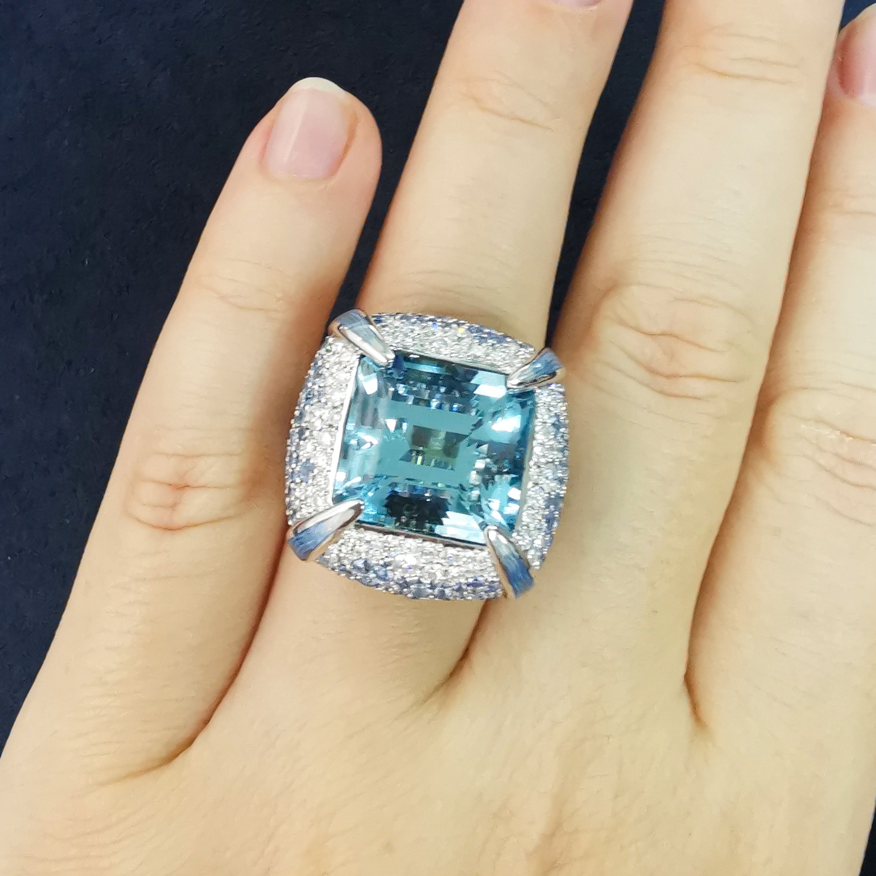 Aquamarine, Sapphire, Enamel, Diamonds 18K White Gold, Ring, R 0127-1