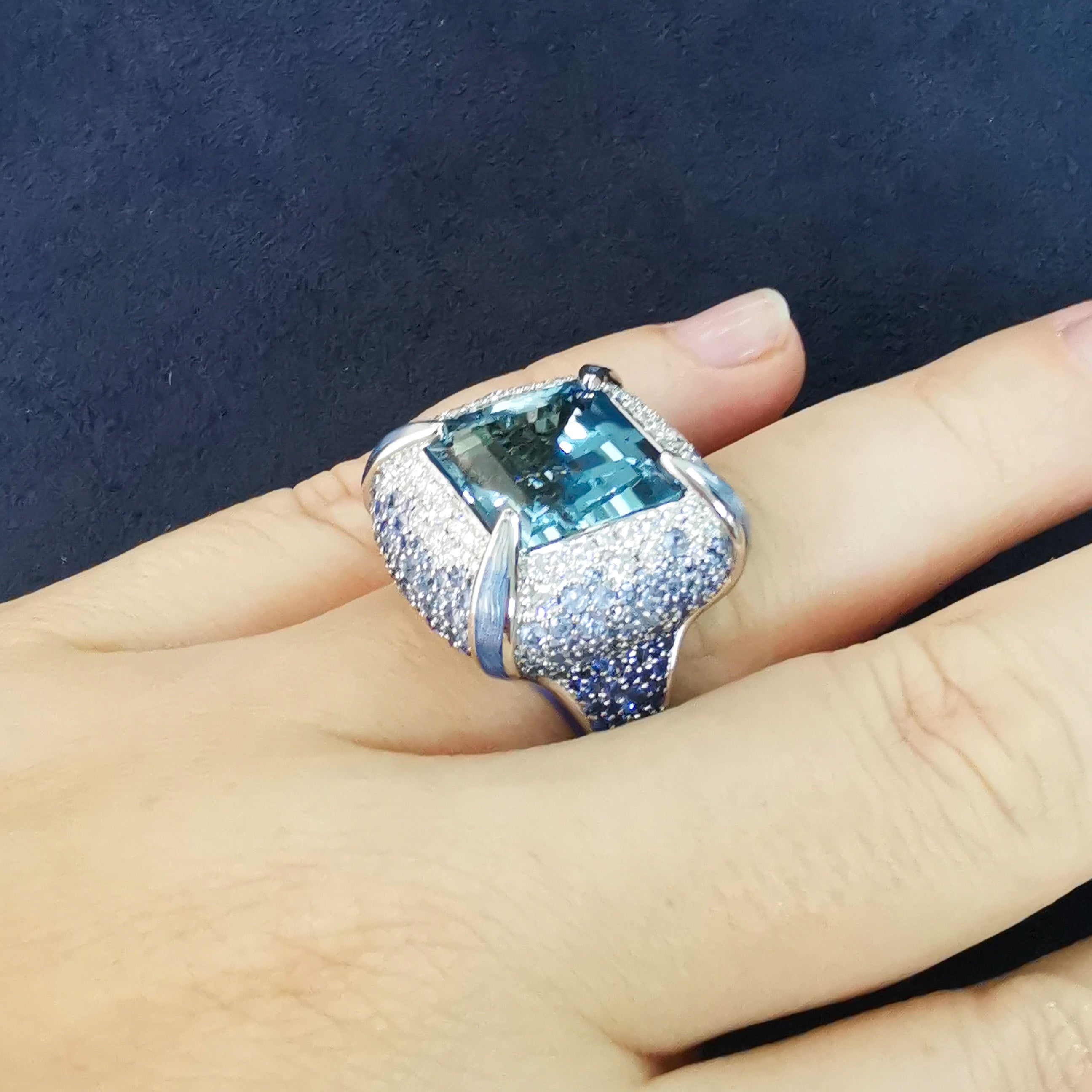 Aquamarine, Sapphire, Enamel, Diamonds 18K White Gold, Ring, R 0127-1