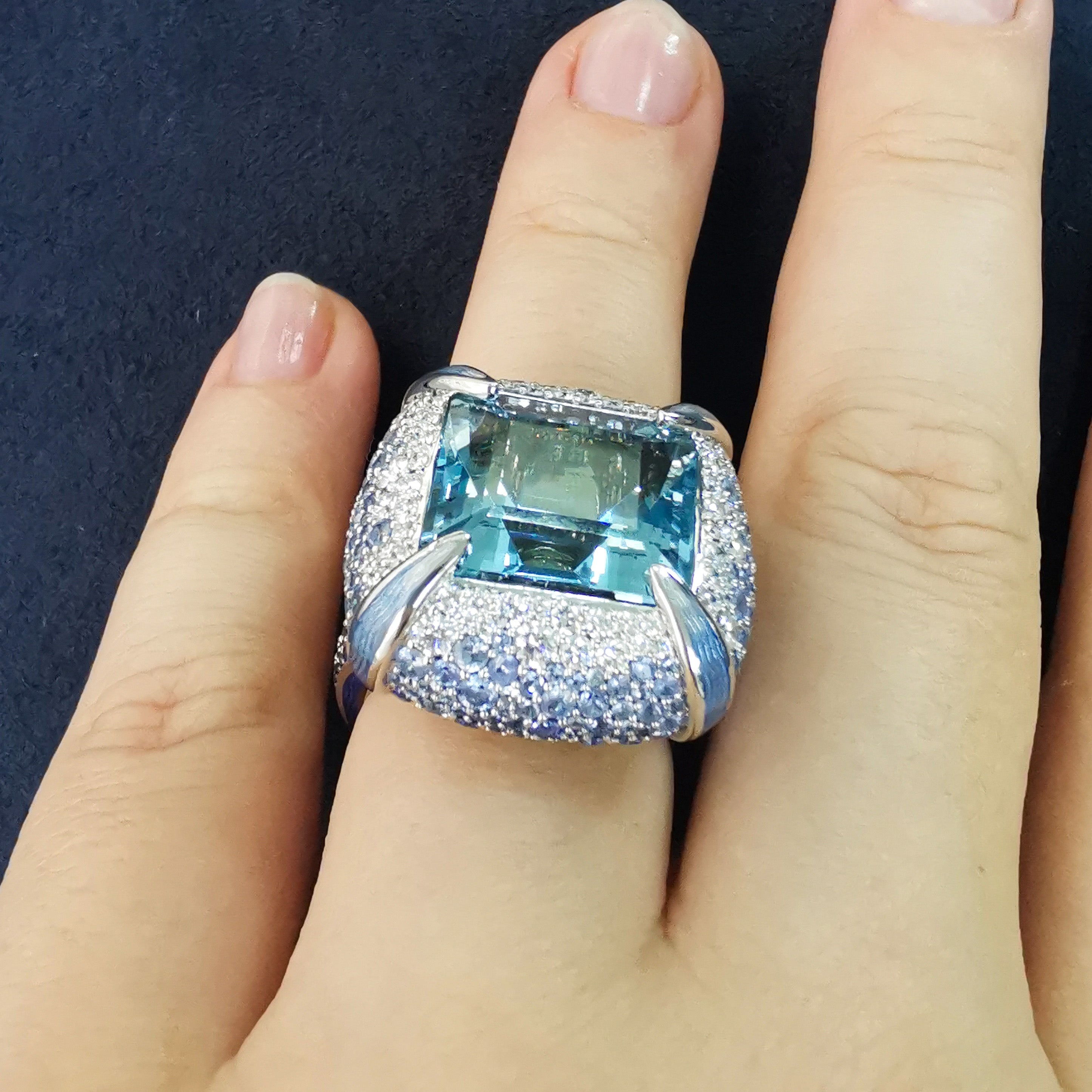 Aquamarine, Sapphire, Enamel, Diamonds 18K White Gold, Ring, R 0127-1
