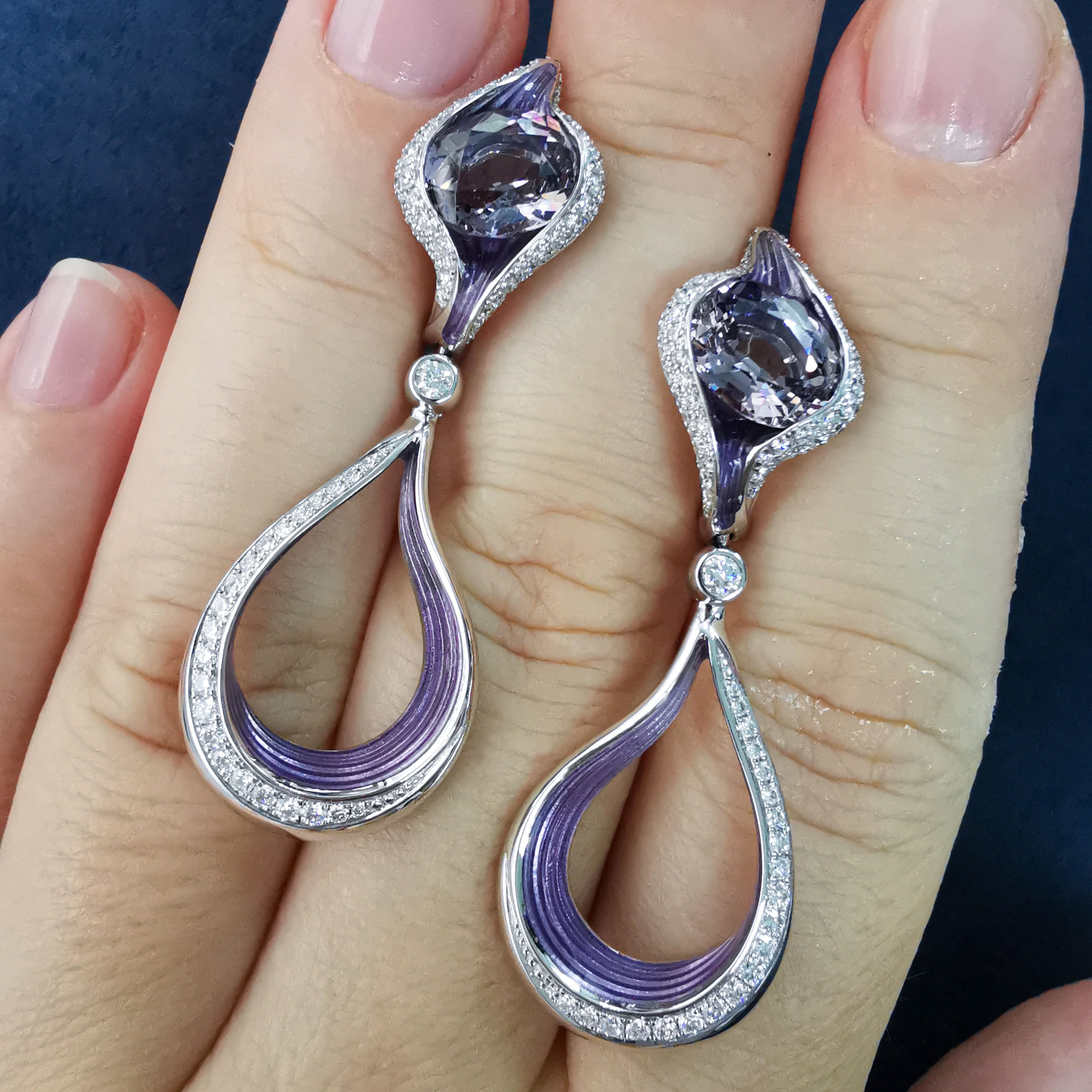 Enamel, Spinel, Diamonds 18K White Gold Earrings, E 0123-03