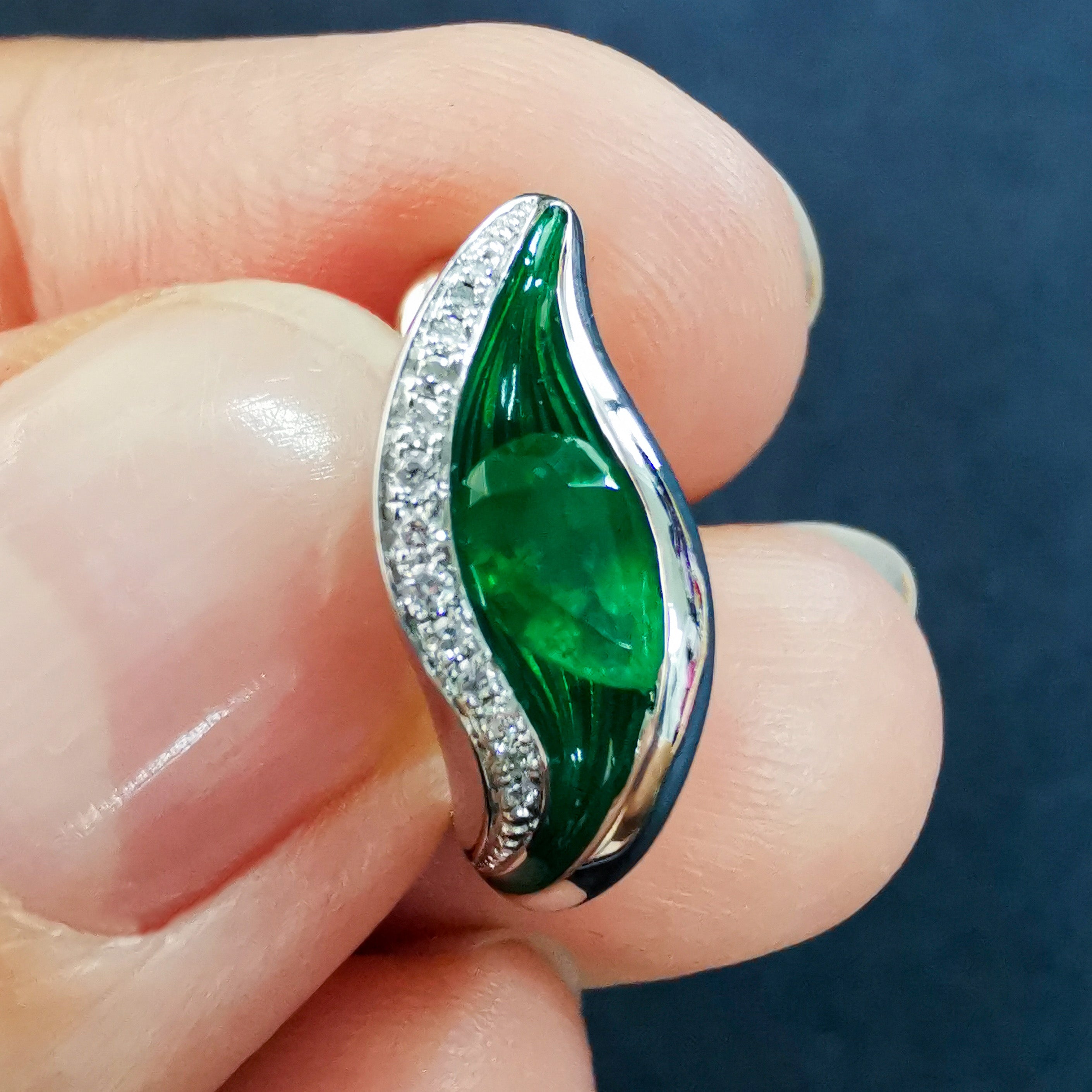Enamel, Emerald, Diamonds 18K White Gold Earrings, E 0123-70