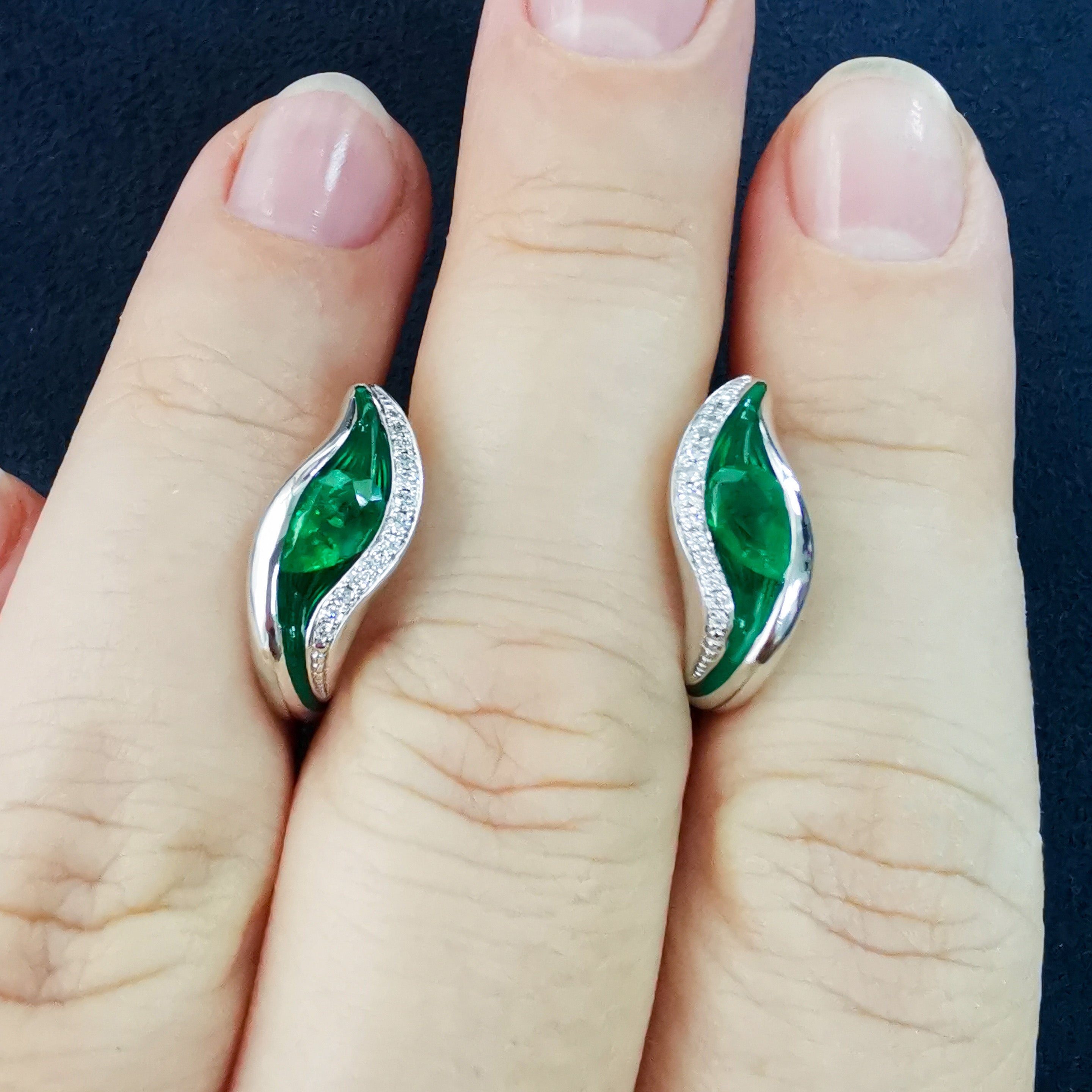 Enamel, Emerald, Diamonds 18K White Gold Earrings, E 0123-70