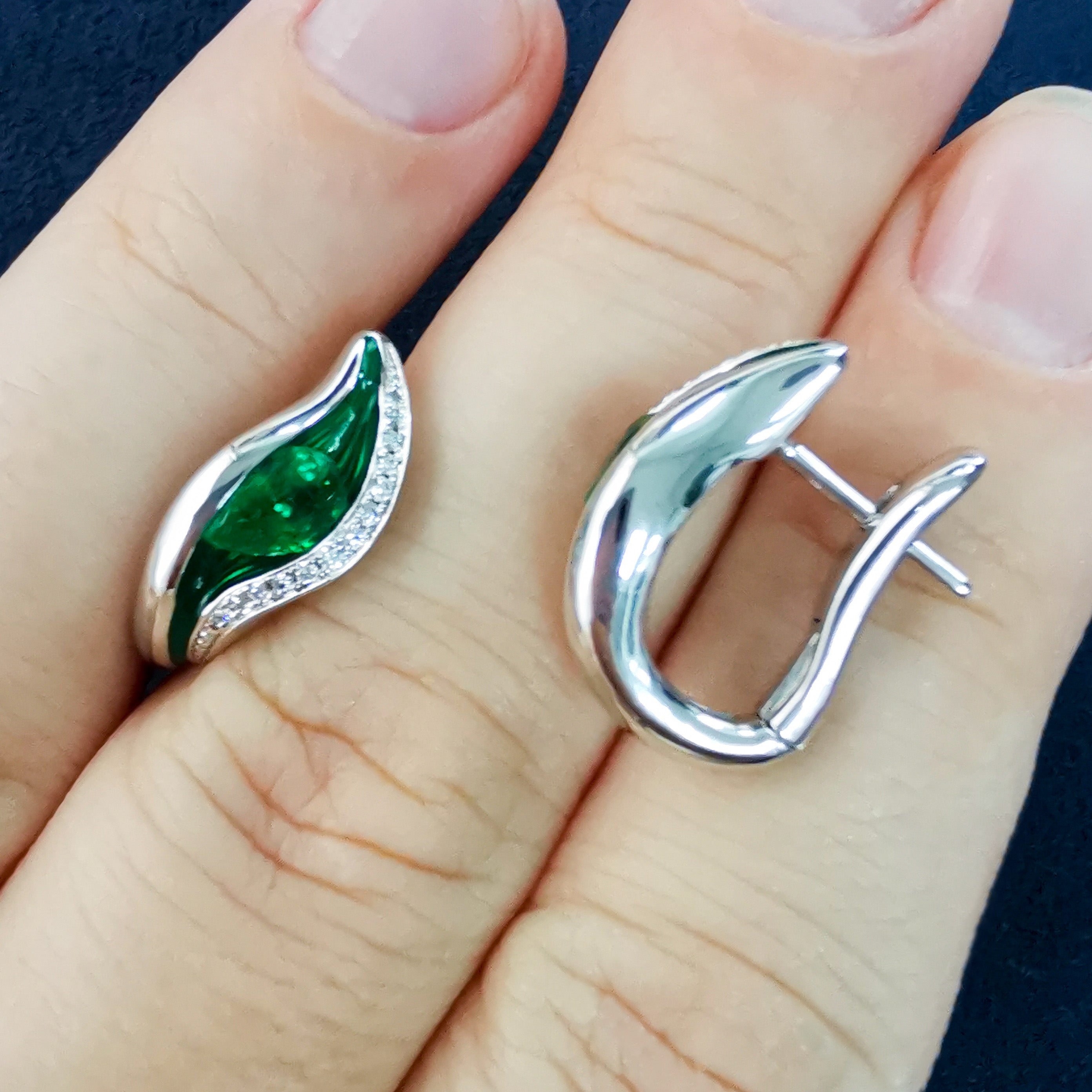 Enamel, Emerald, Diamonds 18K White Gold Earrings, E 0123-70