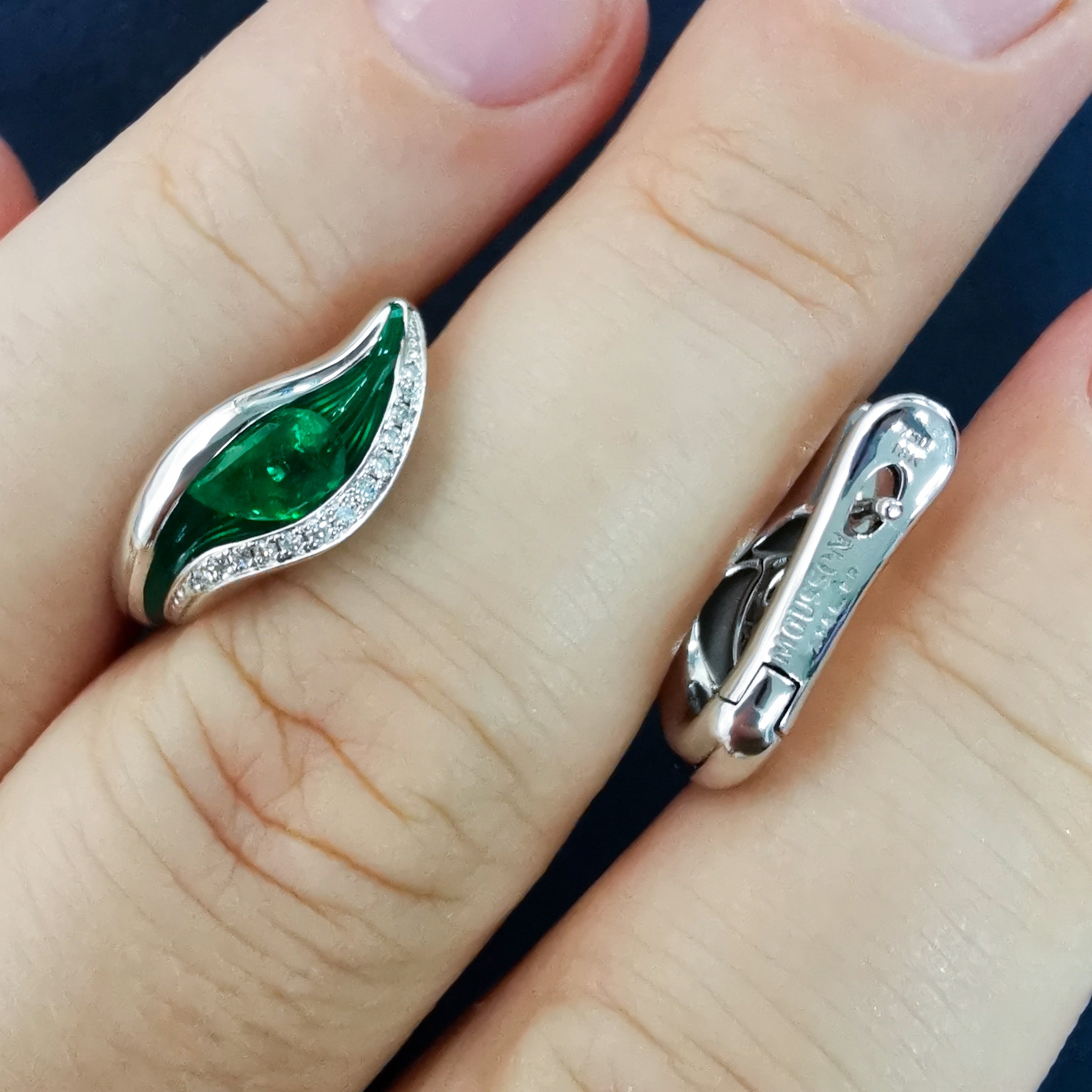 Enamel, Emerald, Diamonds 18K White Gold Earrings, E 0123-70