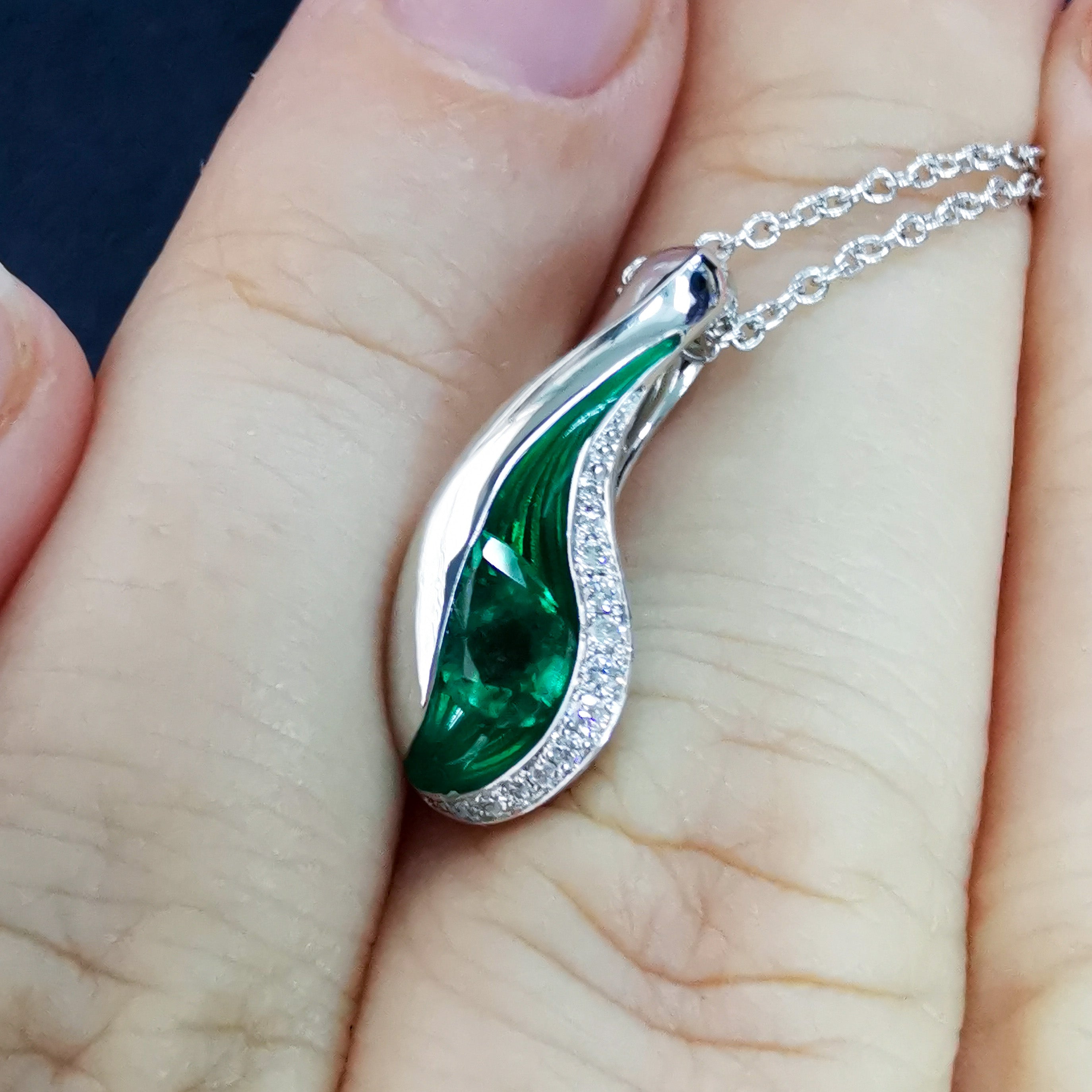 Emerald, Diamonds, Enamel 18K White Gold Pendant, P 0123-7