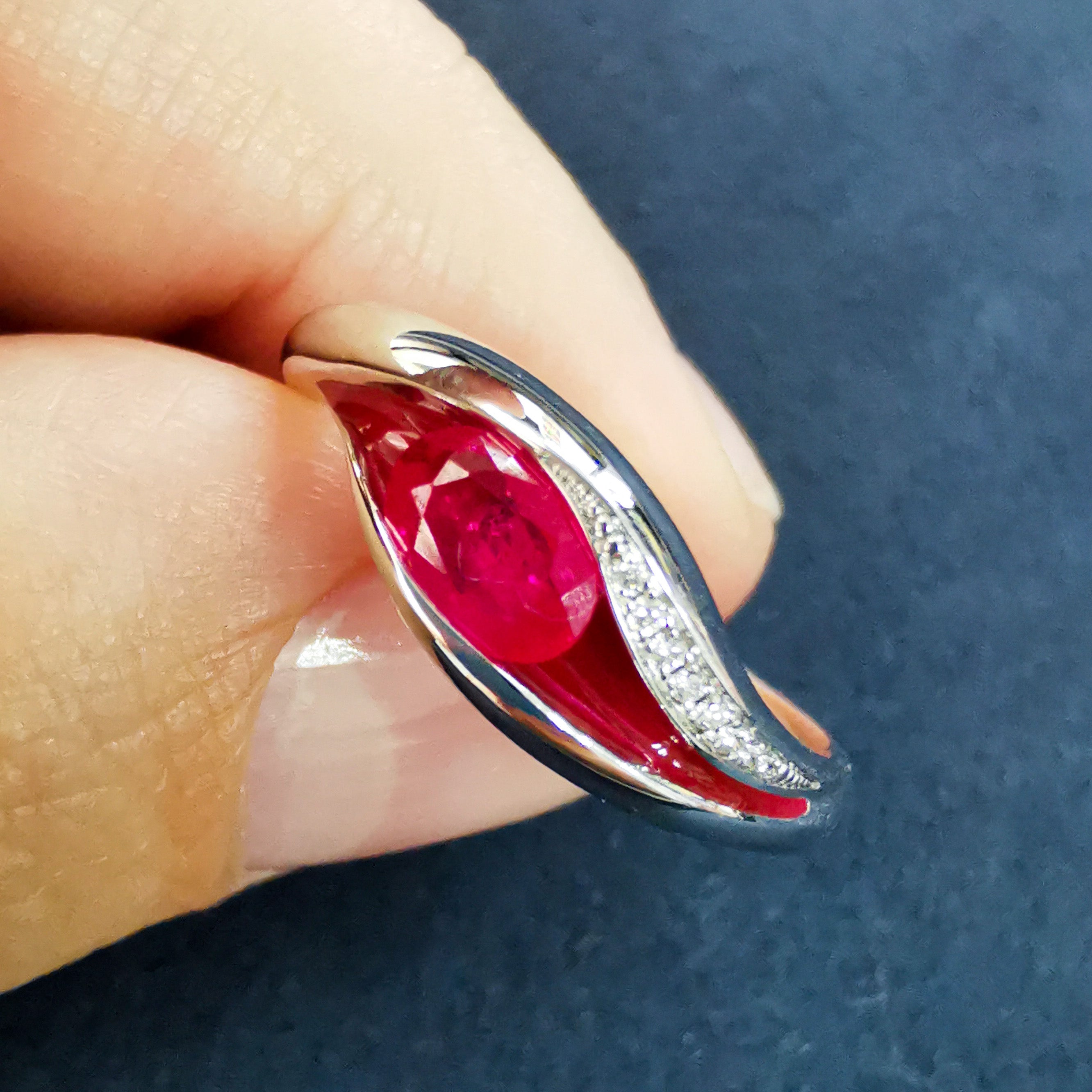 Enamel, Ruby, Diamonds 18K White Gold Ring, R 0123-6
