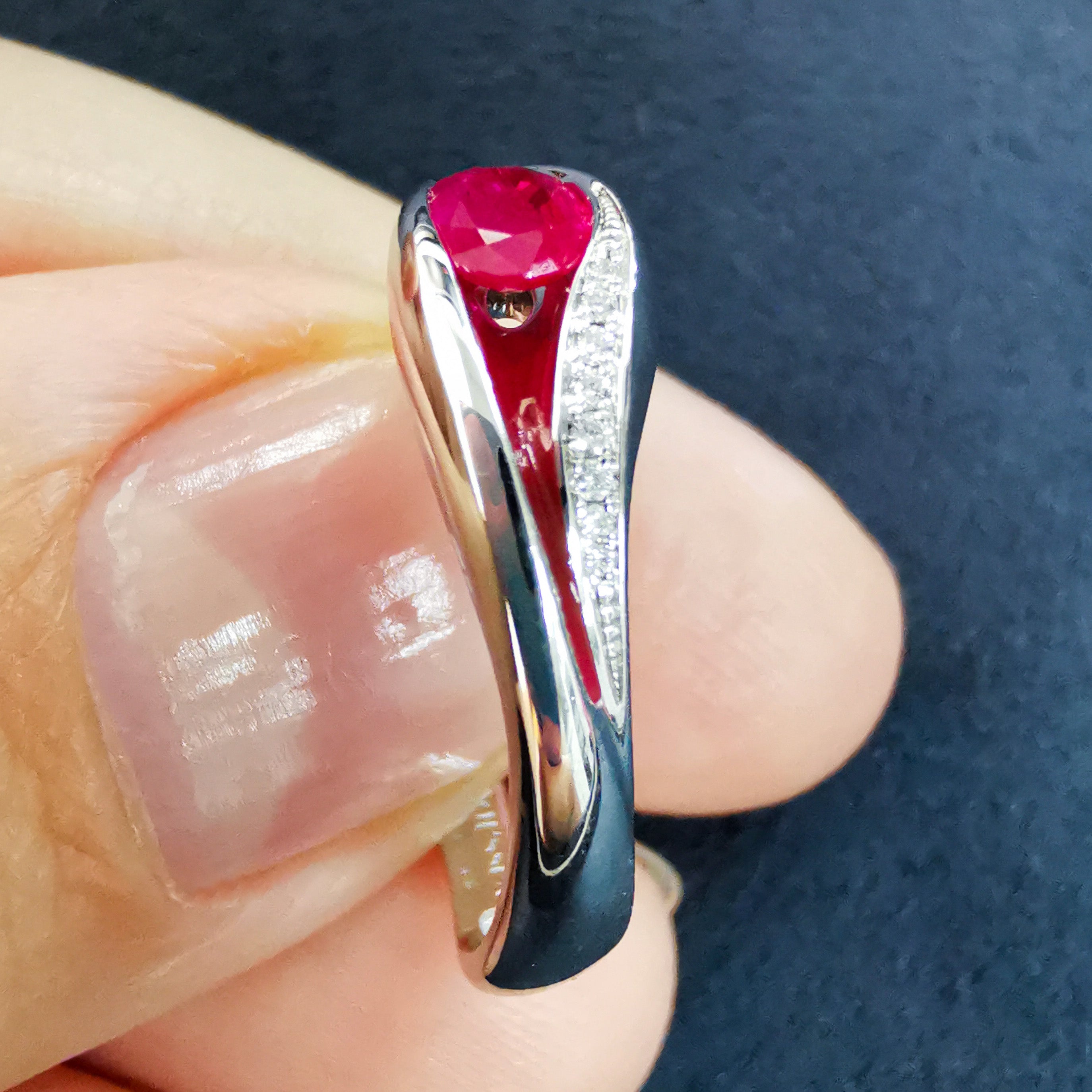 Enamel, Ruby, Diamonds 18K White Gold Ring, R 0123-6