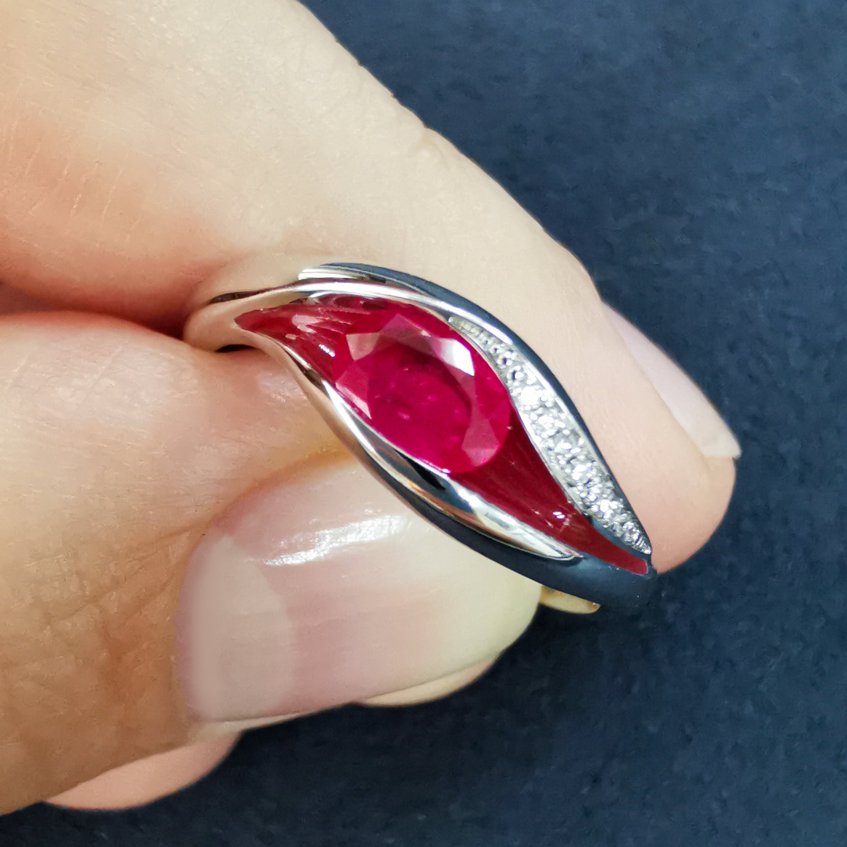 Enamel, Ruby, Diamonds 18K White Gold Ring, R 0123-6