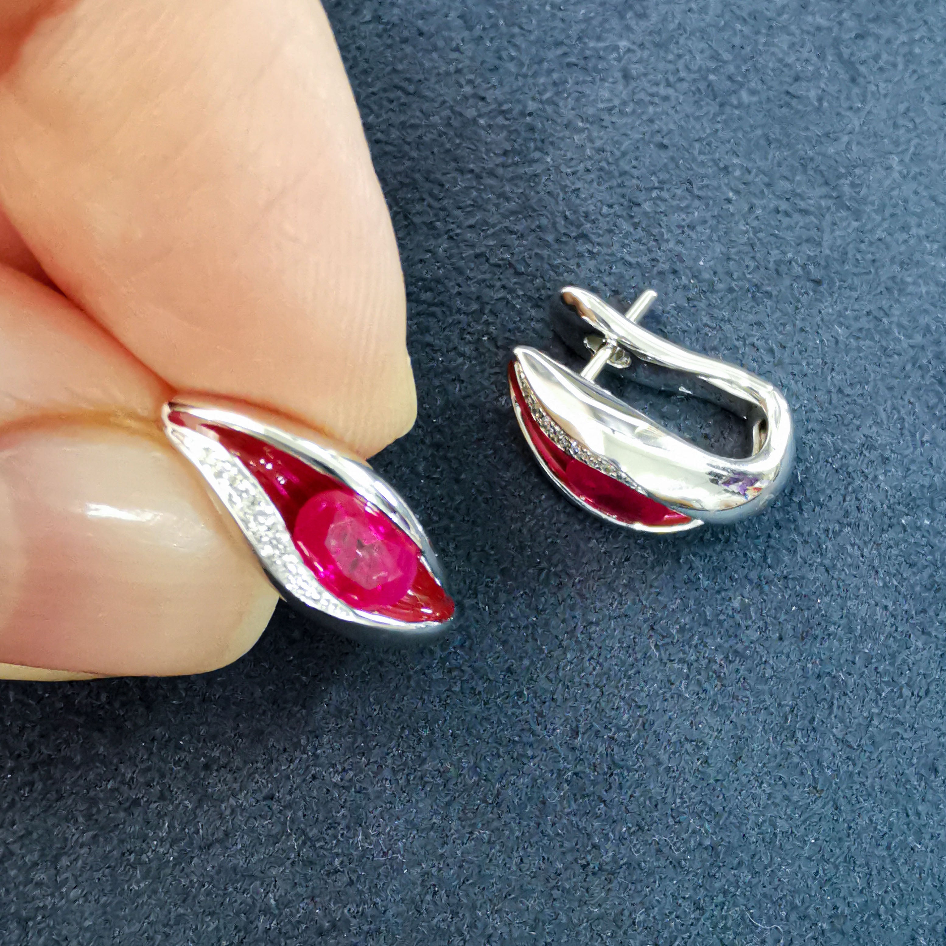 Enamel, Ruby, Diamonds 18K White Gold Earrings, E 0123-60
