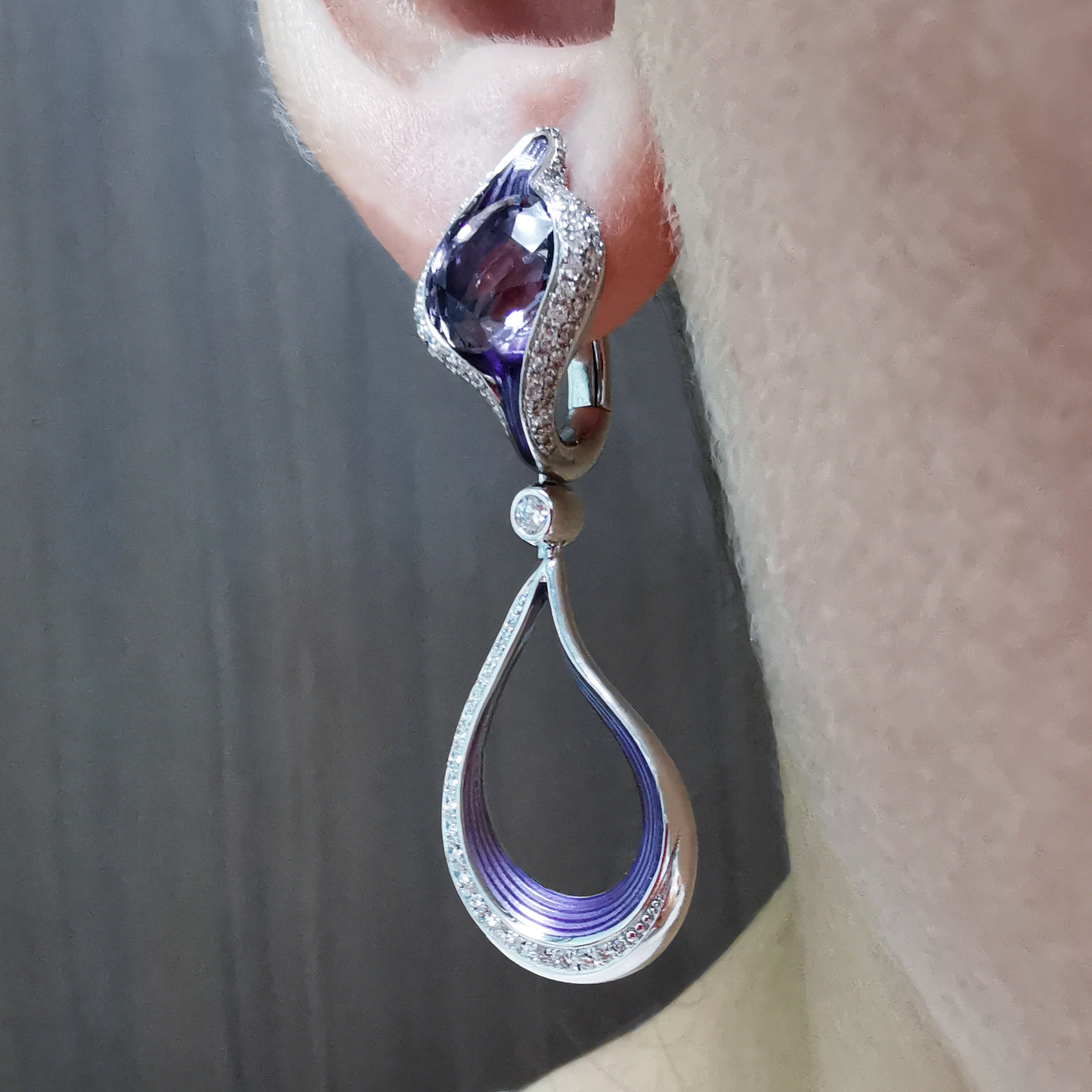 Enamel, Spinel, Diamonds 18K White Gold Earrings, E 0123-03