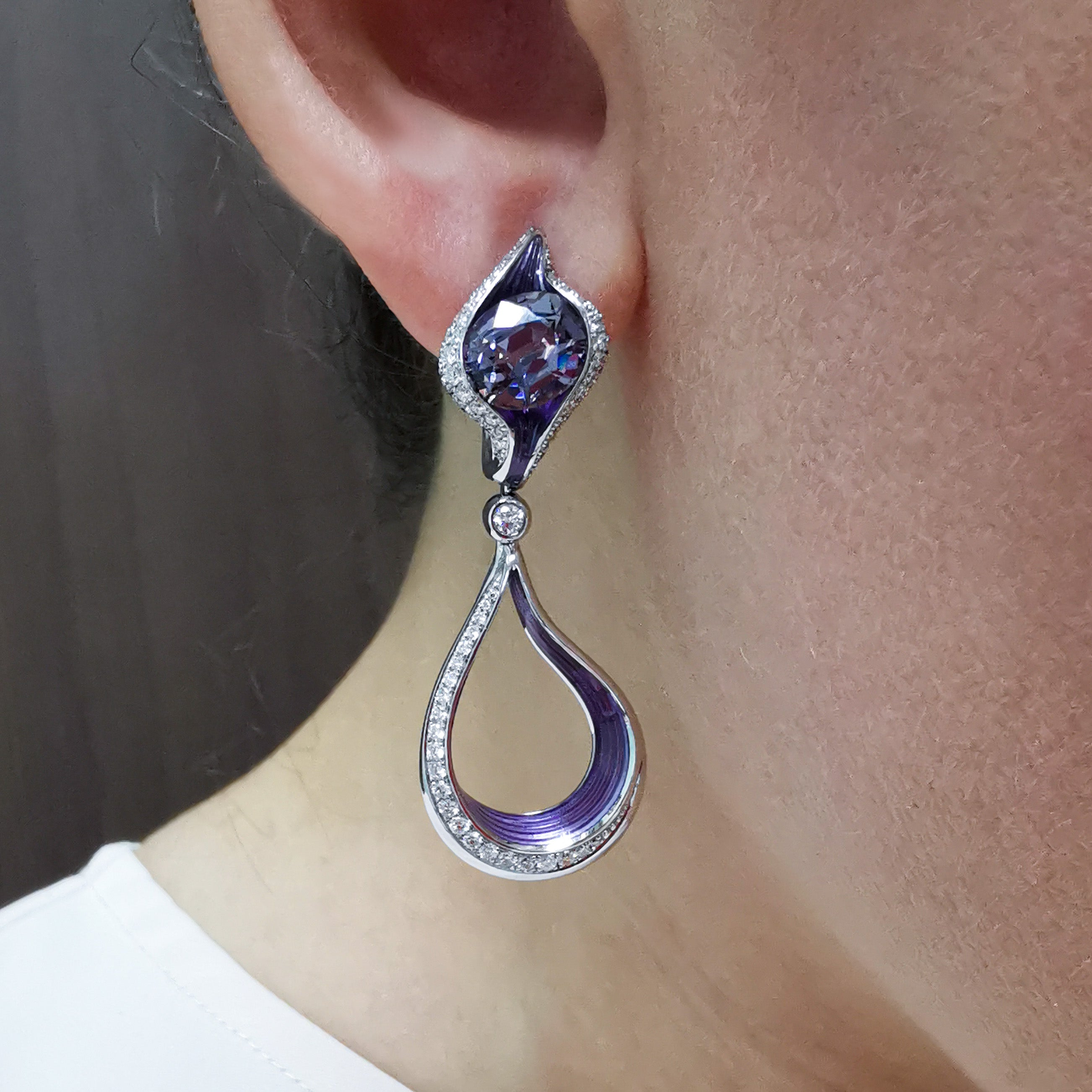 Enamel, Spinel, Diamonds 18K White Gold Earrings, E 0123-03