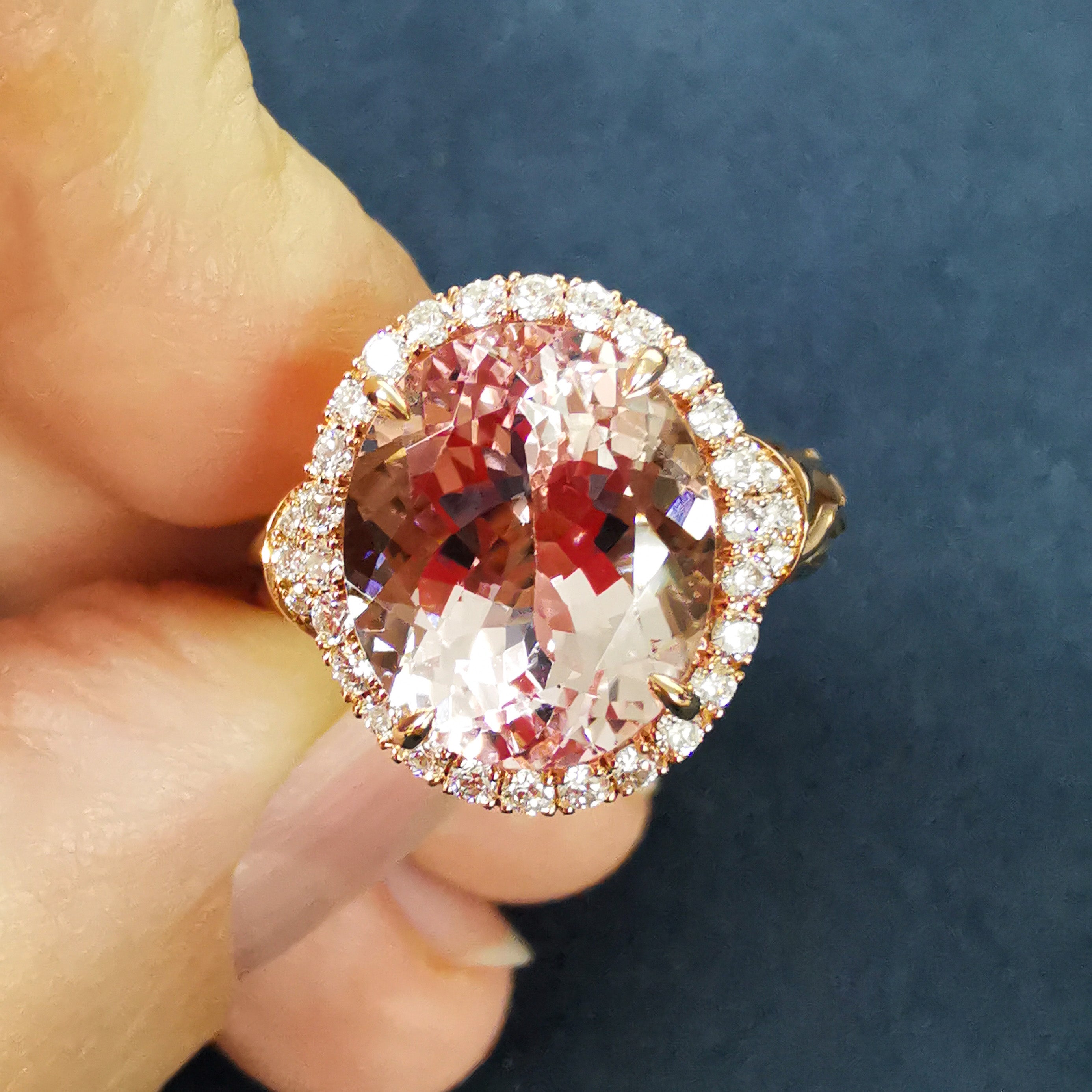 R 0144-0, 18K Rose Gold, Morganite, Diamonds Ring